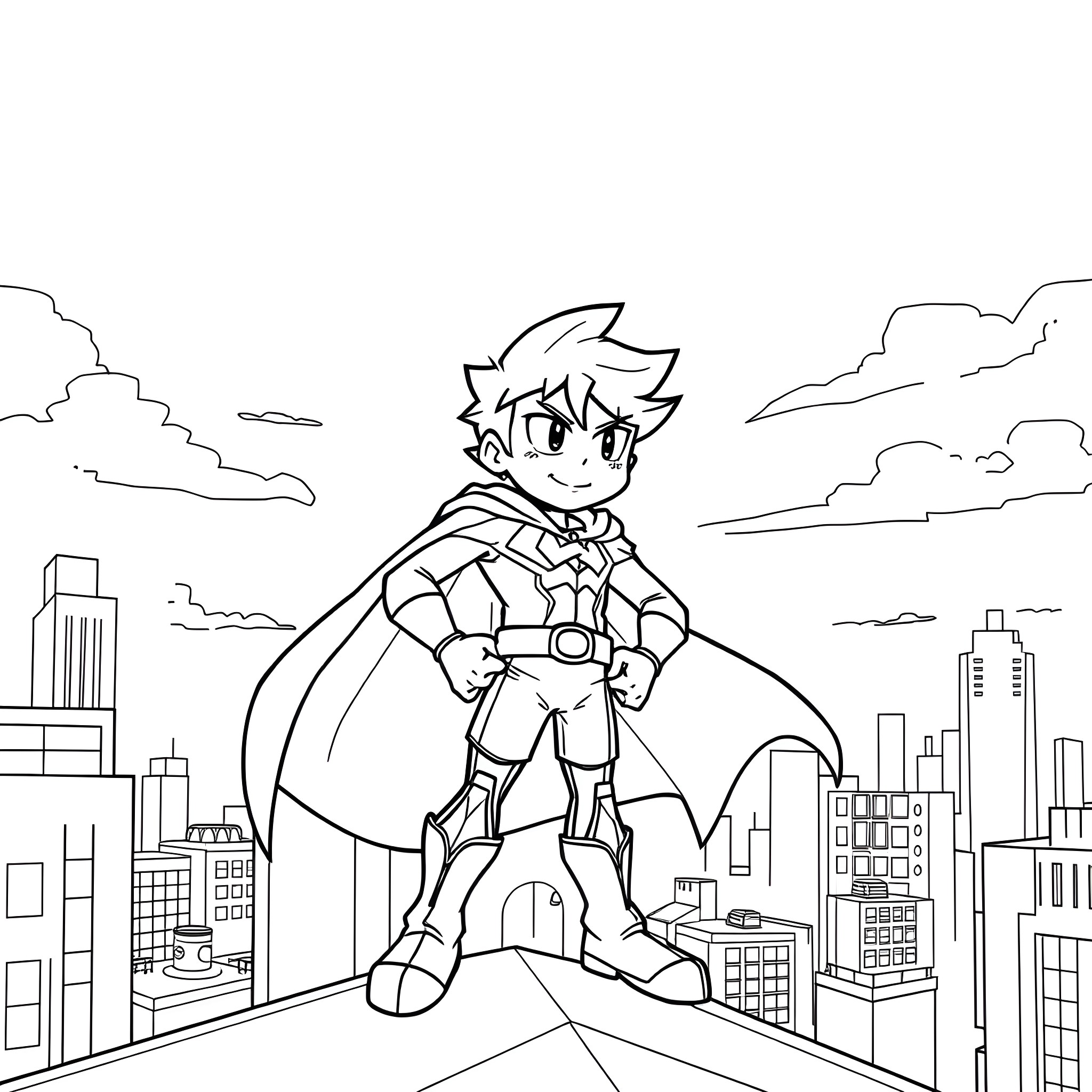 Deku standing heroically against a cityscape Coloring Page (free black-and-white line drawing printable PDF for all, from beginners to advanced learners, including children, teens, adults, and seniors)