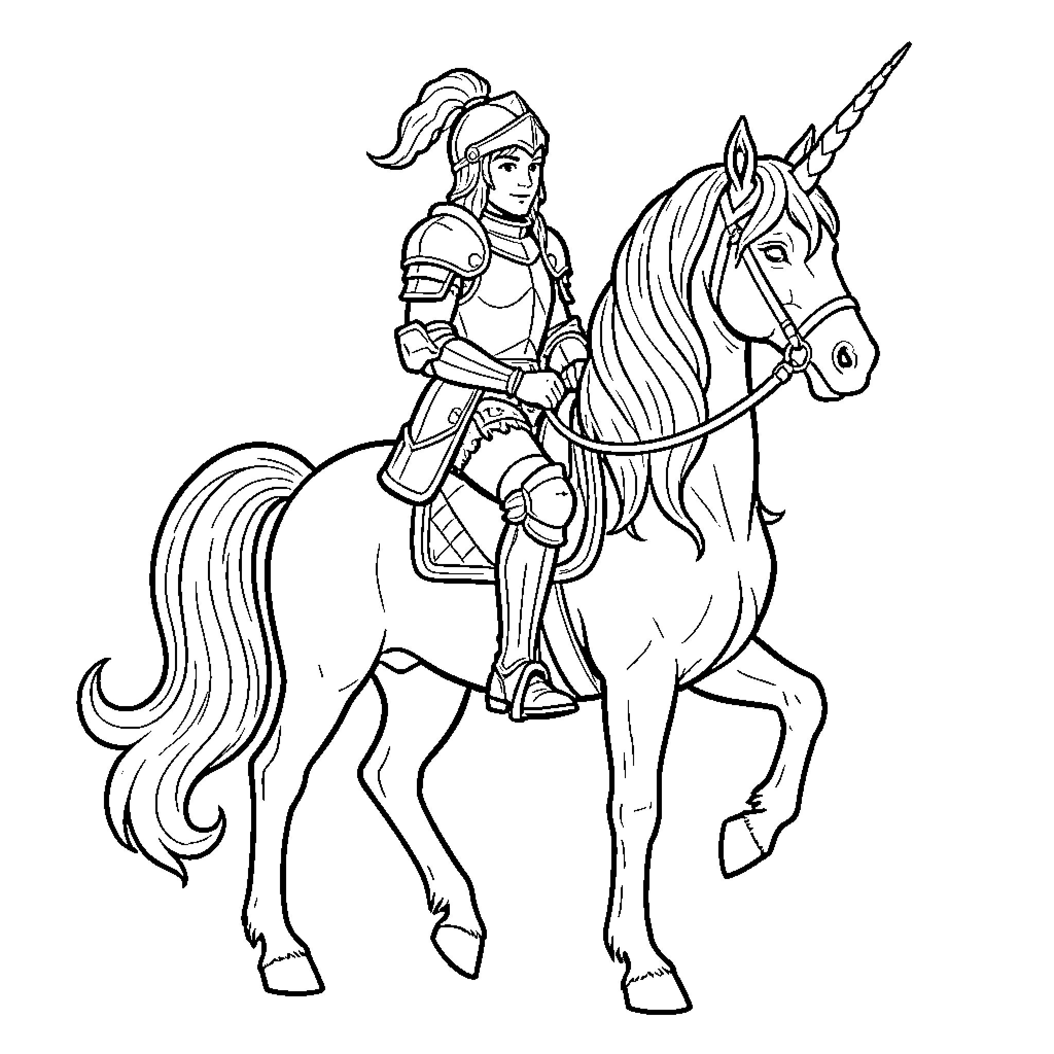 Chevalier in armor riding a majestic unicorn Coloring Page (free black-and-white line drawing printable PDF for all, from beginners to advanced learners, including children, teens, adults, and seniors)