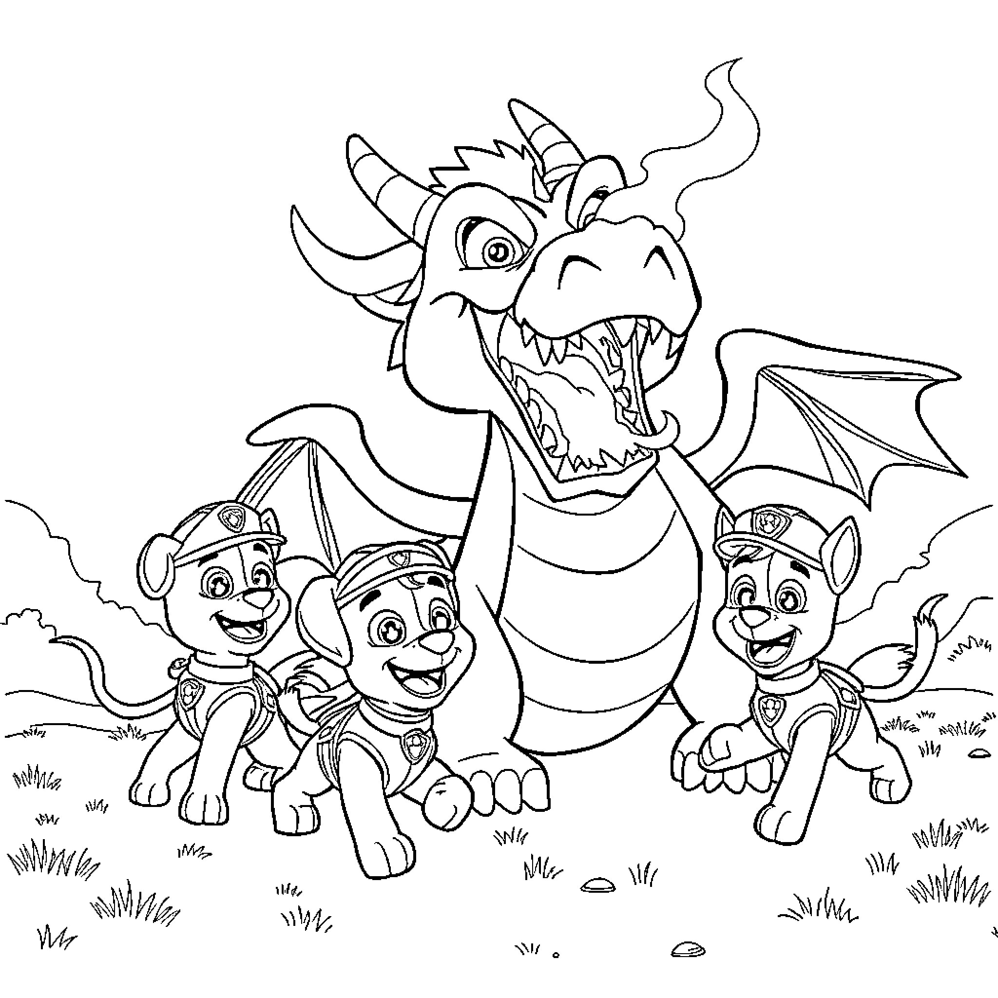 Pup and dragon friends enjoying outdoor adventure Coloring Page (free black-and-white line drawing printable PDF for all, from beginners to advanced learners, including children, teens, adults, and seniors)
