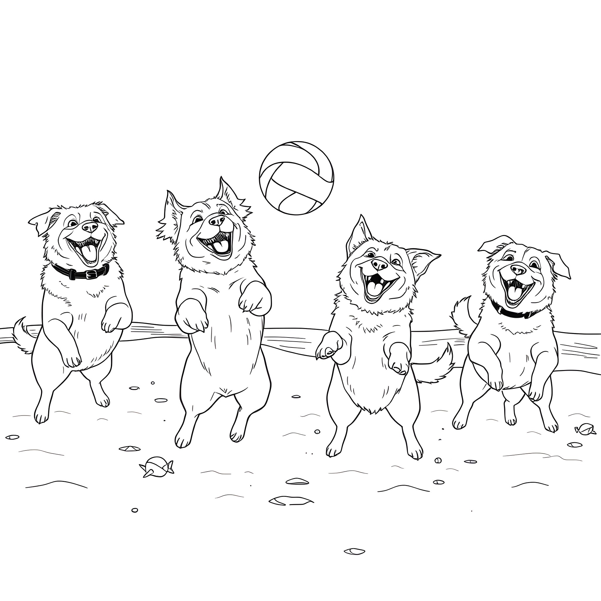 Dog playing with friends on the beach Coloring Page (free black-and-white line drawing printable PDF for all, from beginners to advanced learners, including children, teens, adults, and seniors)