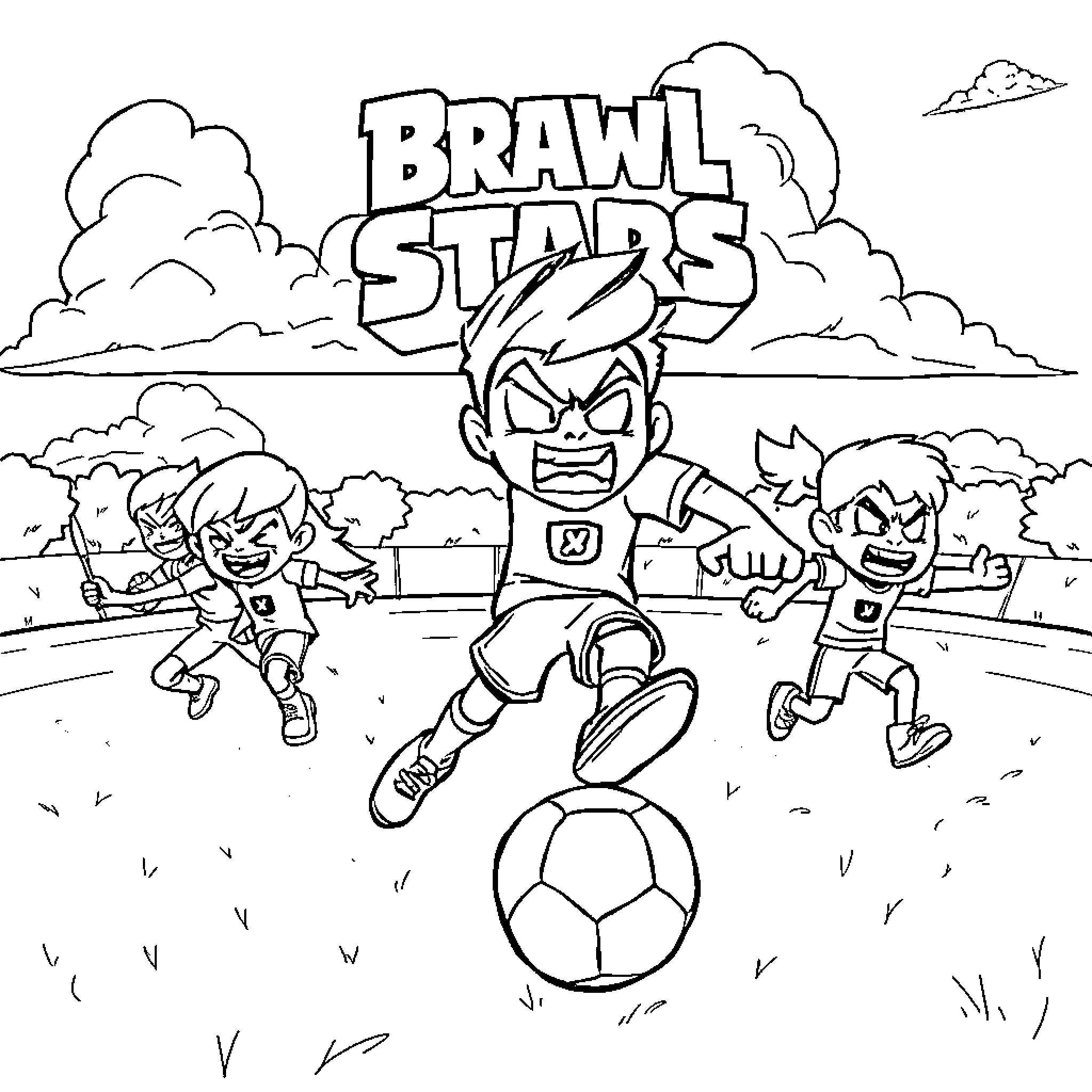 Brawl Stars: Characters in Action on the Field Coloring Page (free black-and-white line drawing printable PDF for all, from beginners to advanced learners, including children, teens, adults, and seniors)