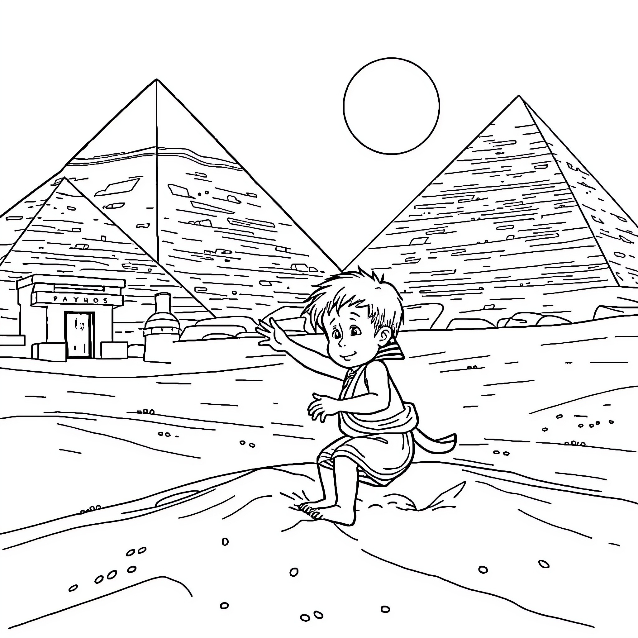 Child exploring the ancient Egyptian landscape Coloring Page (free black-and-white line drawing printable PDF for all, from beginners to advanced learners, including children, teens, adults, and seniors)