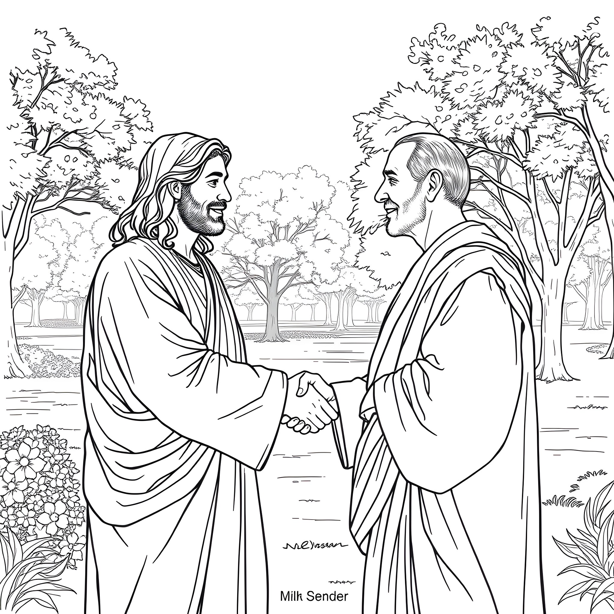 Jesus Meeting with a Disciple in a Garden Coloring Page (free black-and-white line drawing printable PDF for all, from beginners to advanced learners, including children, teens, adults, and seniors)