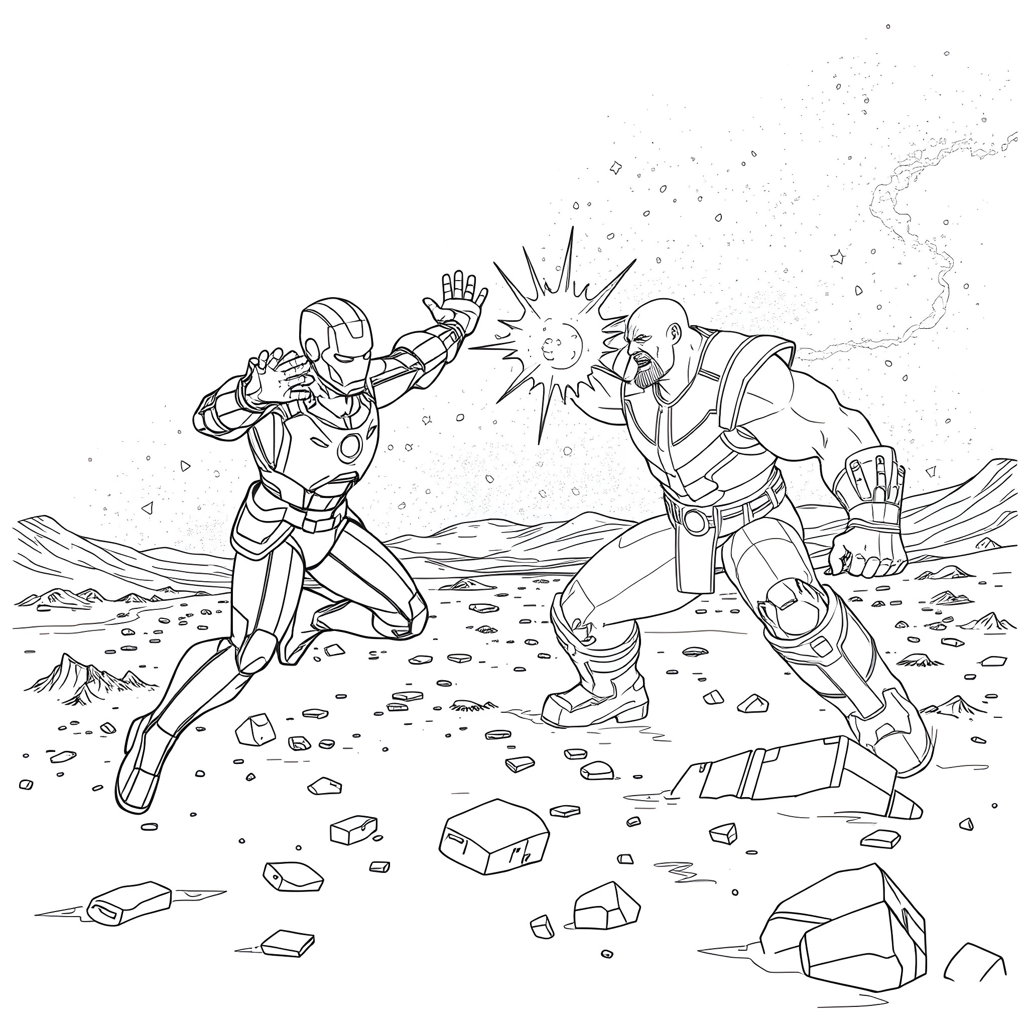 Iron Man and Villain in Epic Battle on Alien Planet Coloring Page (free black-and-white line drawing printable PDF for all, from beginners to advanced learners, including children, teens, adults, and seniors)