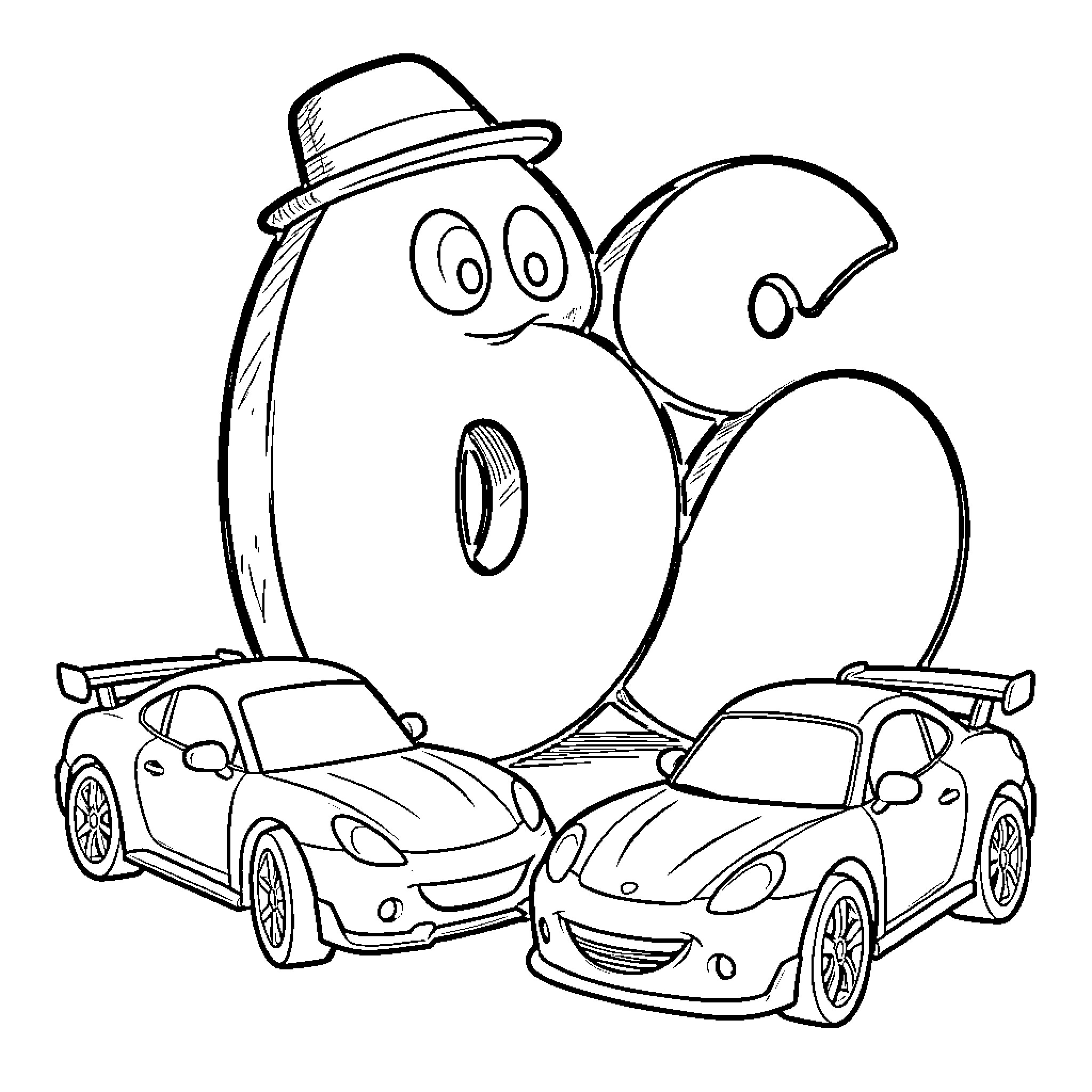 Number Two: Cartoon character among toy cars Coloring Page (free black-and-white line drawing printable PDF for all, from beginners to advanced learners, including children, teens, adults, and seniors)