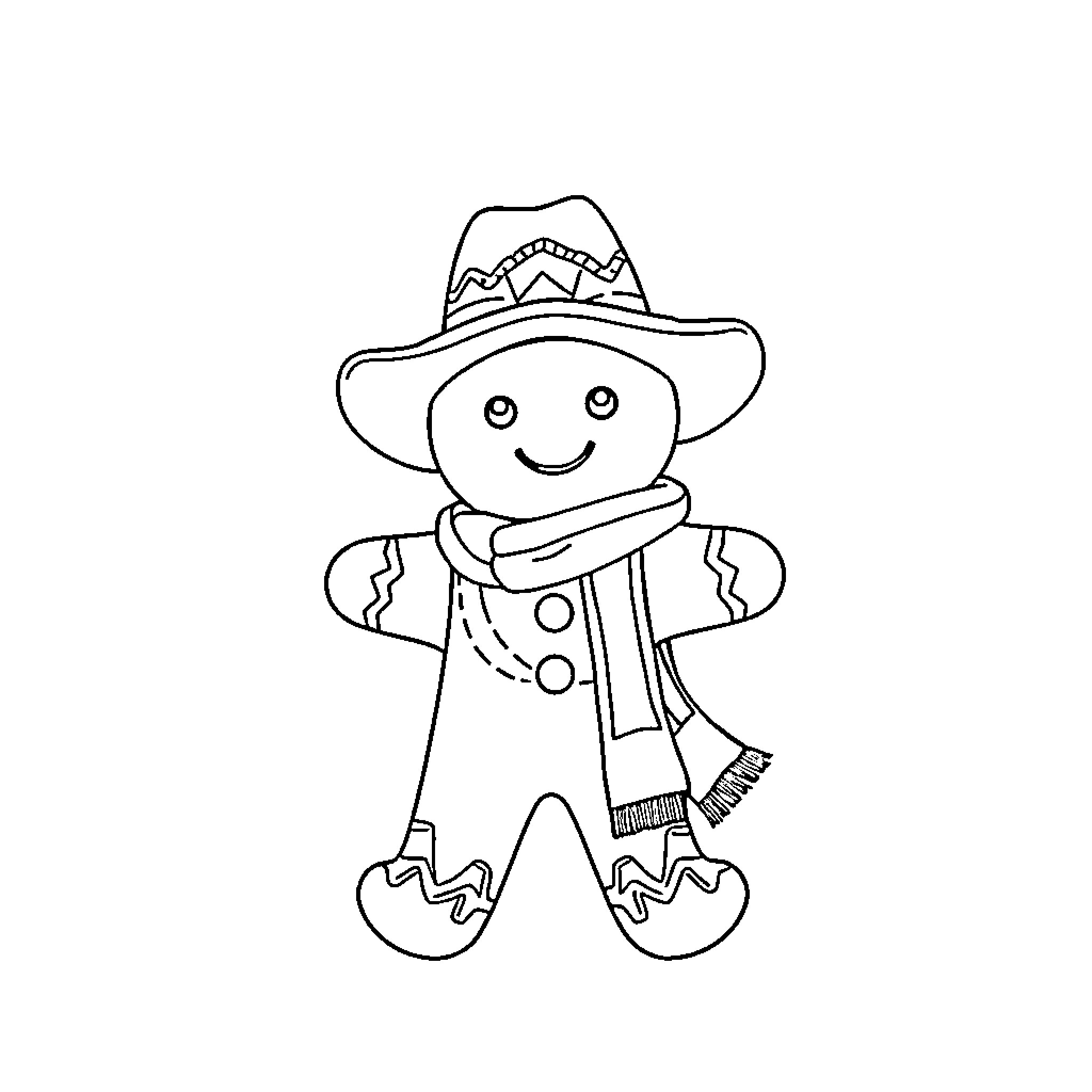 Gingerbread Man in Festive Outfit Coloring Page (free black-and-white line drawing printable PDF for all, from beginners to advanced learners, including children, teens, adults, and seniors)