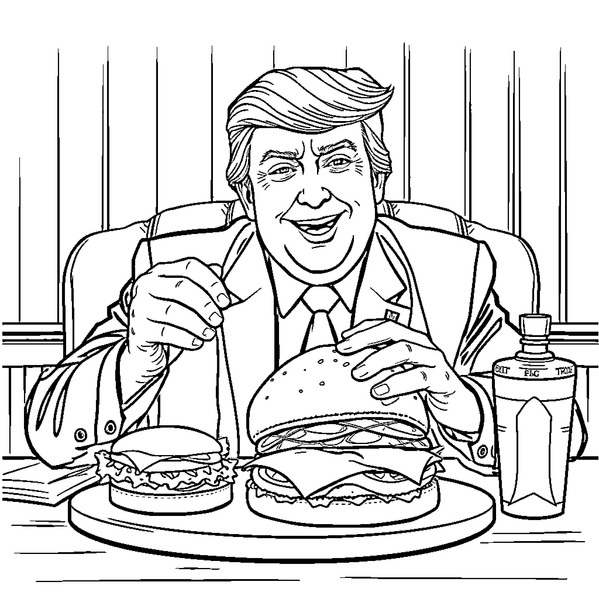 Trump enjoying fast food in the Oval Office Coloring Page (free black-and-white line drawing printable PDF for all, from beginners to advanced learners, including children, teens, adults, and seniors)