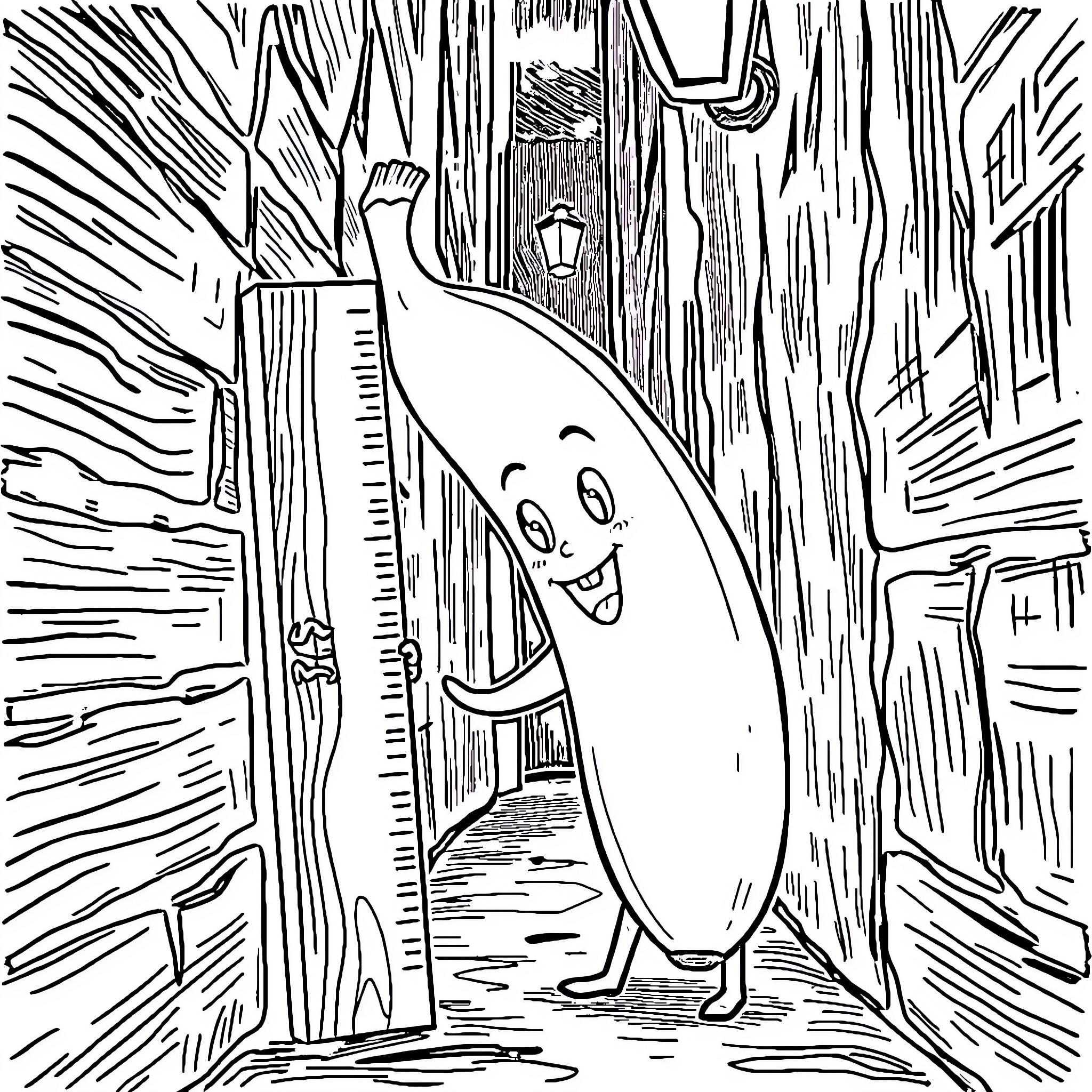 Banana peeking out playfully from a wooden cabin Coloring Page (free black-and-white line drawing printable PDF for all, from beginners to advanced learners, including children, teens, adults, and seniors)