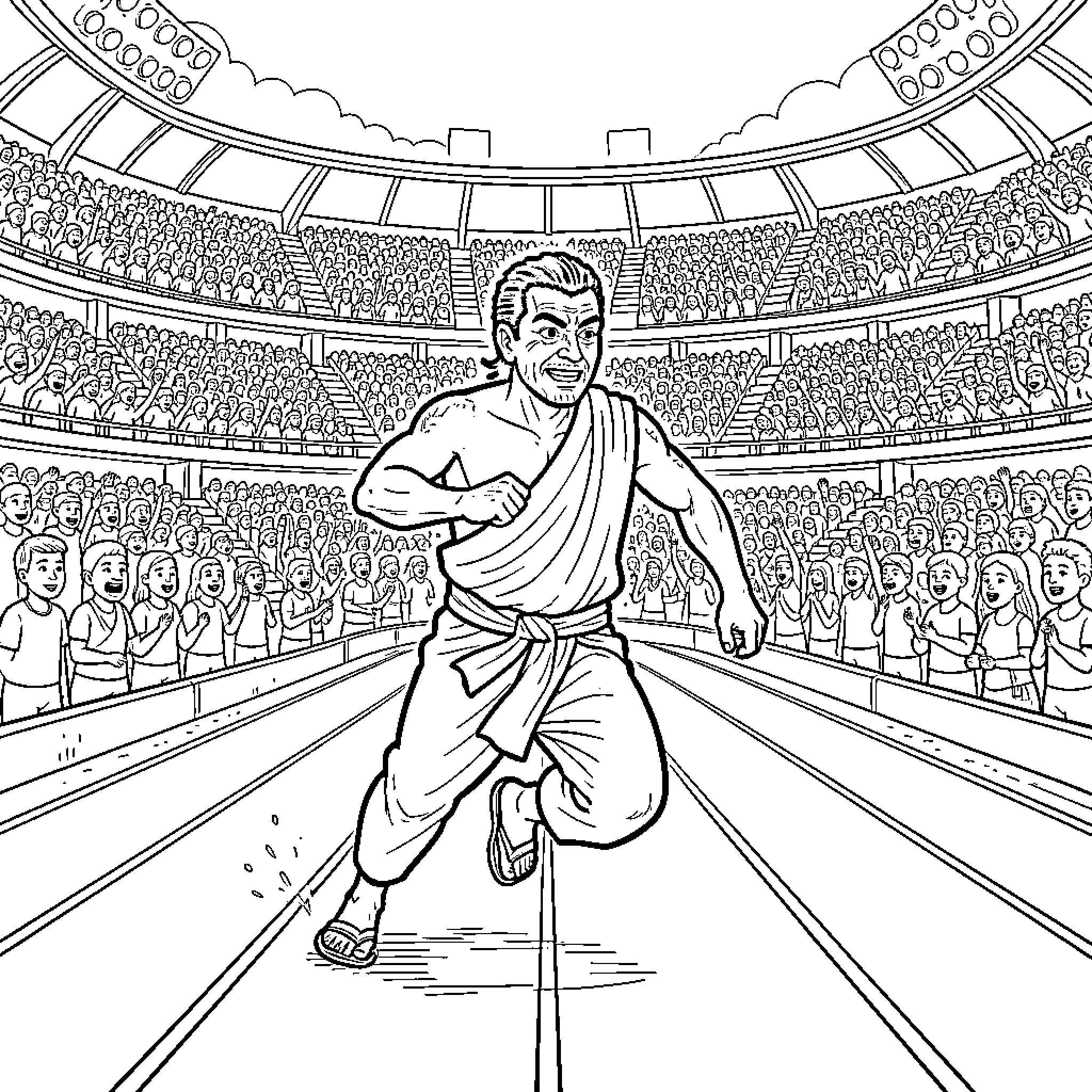 Lama entertaining the crowd in an arena Coloring Page (free black-and-white line drawing printable PDF for all, from beginners to advanced learners, including children, teens, adults, and seniors)