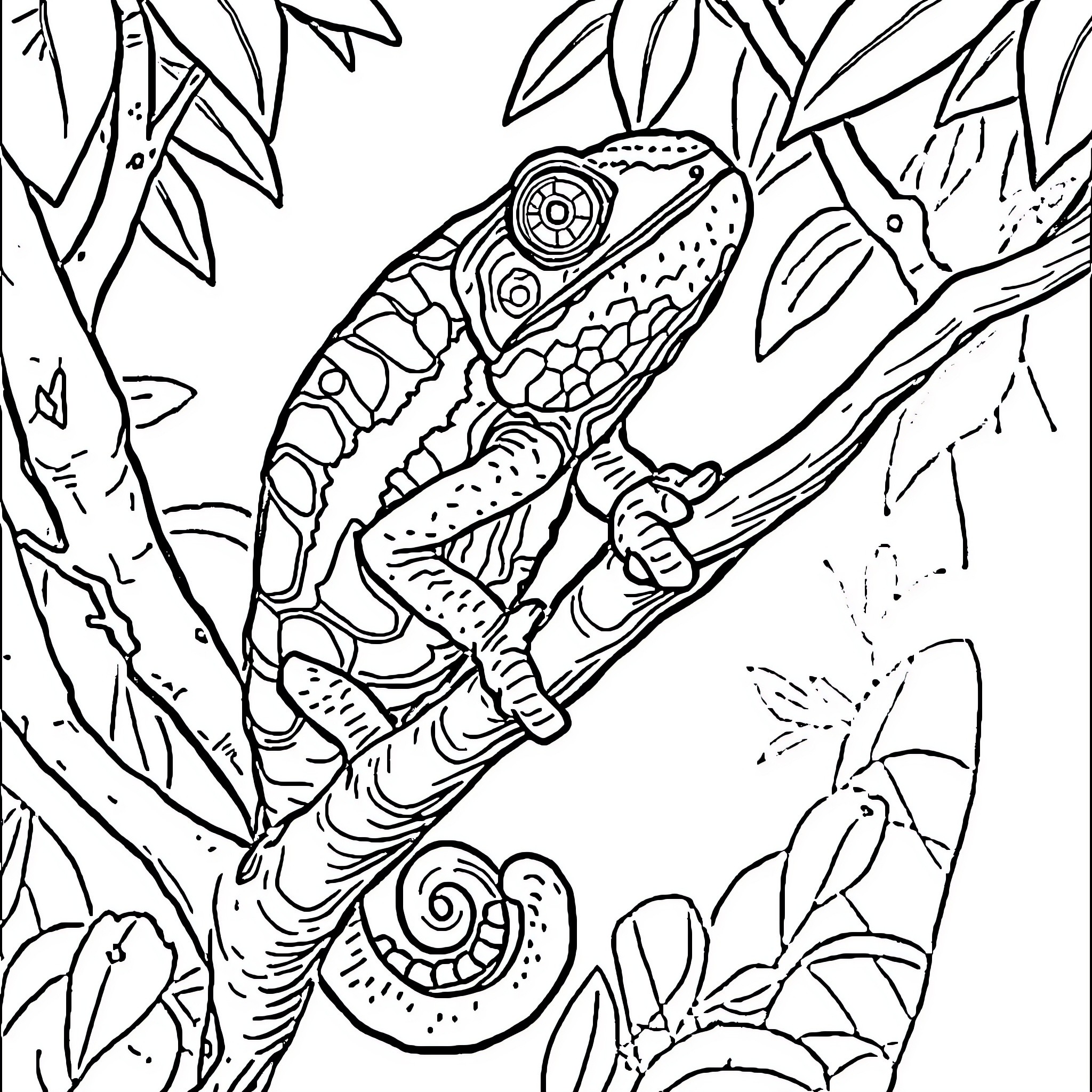 Chameleon Perched Amidst Lush Foliage Coloring Page (free black-and-white line drawing printable PDF for all, from beginners to advanced learners, including children, teens, adults, and seniors)