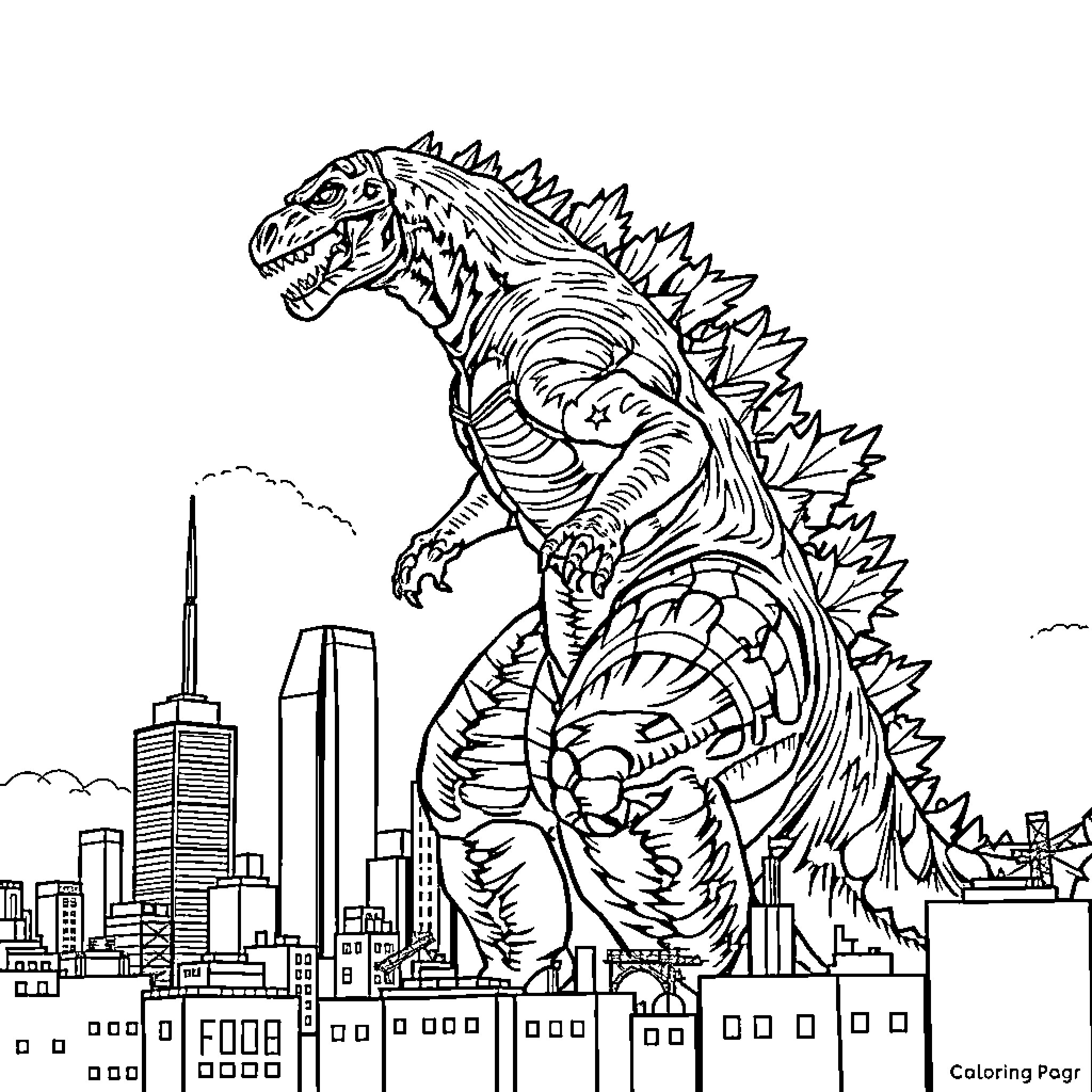 Godzilla rampaging through a city skyline Coloring Page (free black-and-white line drawing printable PDF for all, from beginners to advanced learners, including children, teens, adults, and seniors)