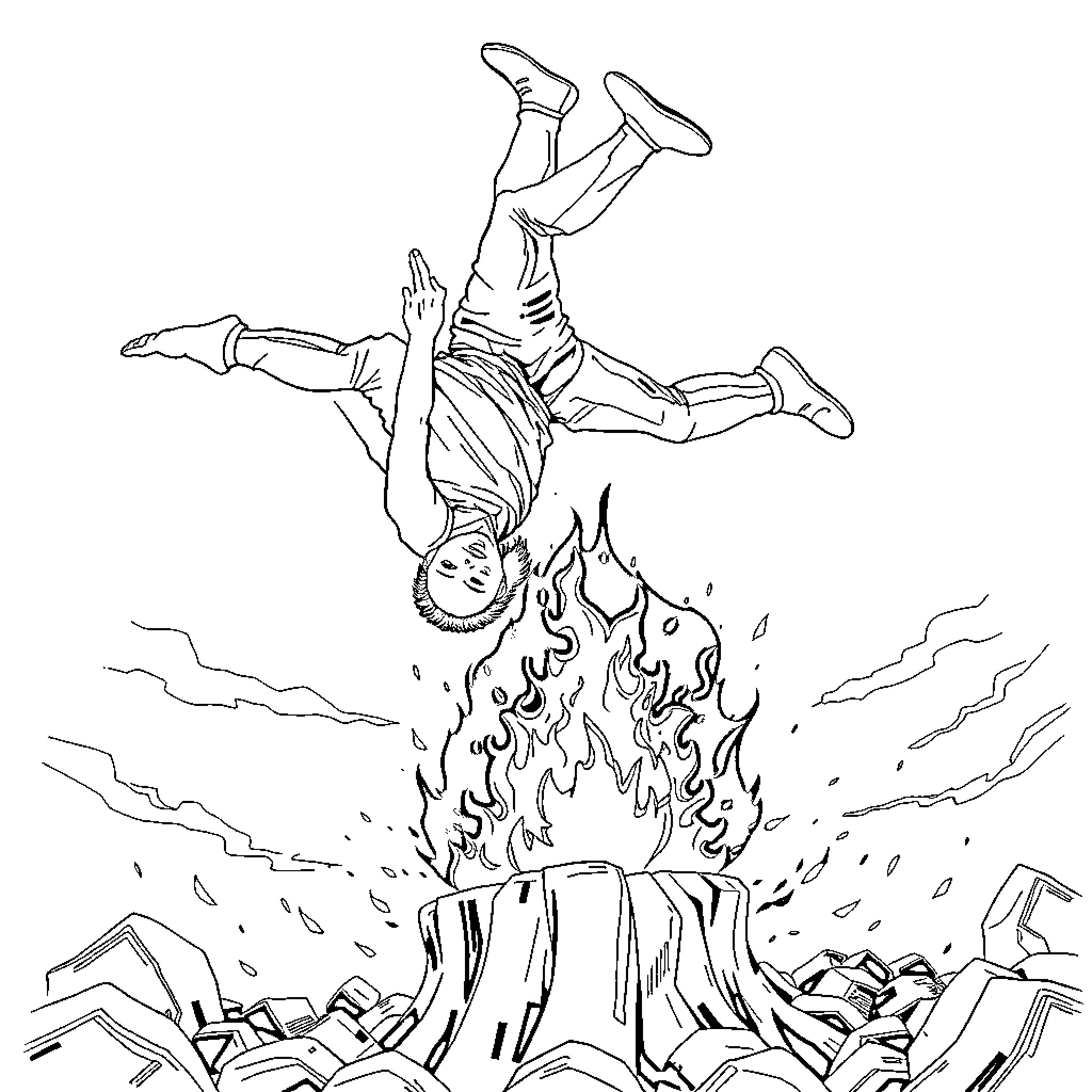 Micha Parsons falling amid flames and debris Coloring Page (free black-and-white line drawing printable PDF for all, from beginners to advanced learners, including children, teens, adults, and seniors)