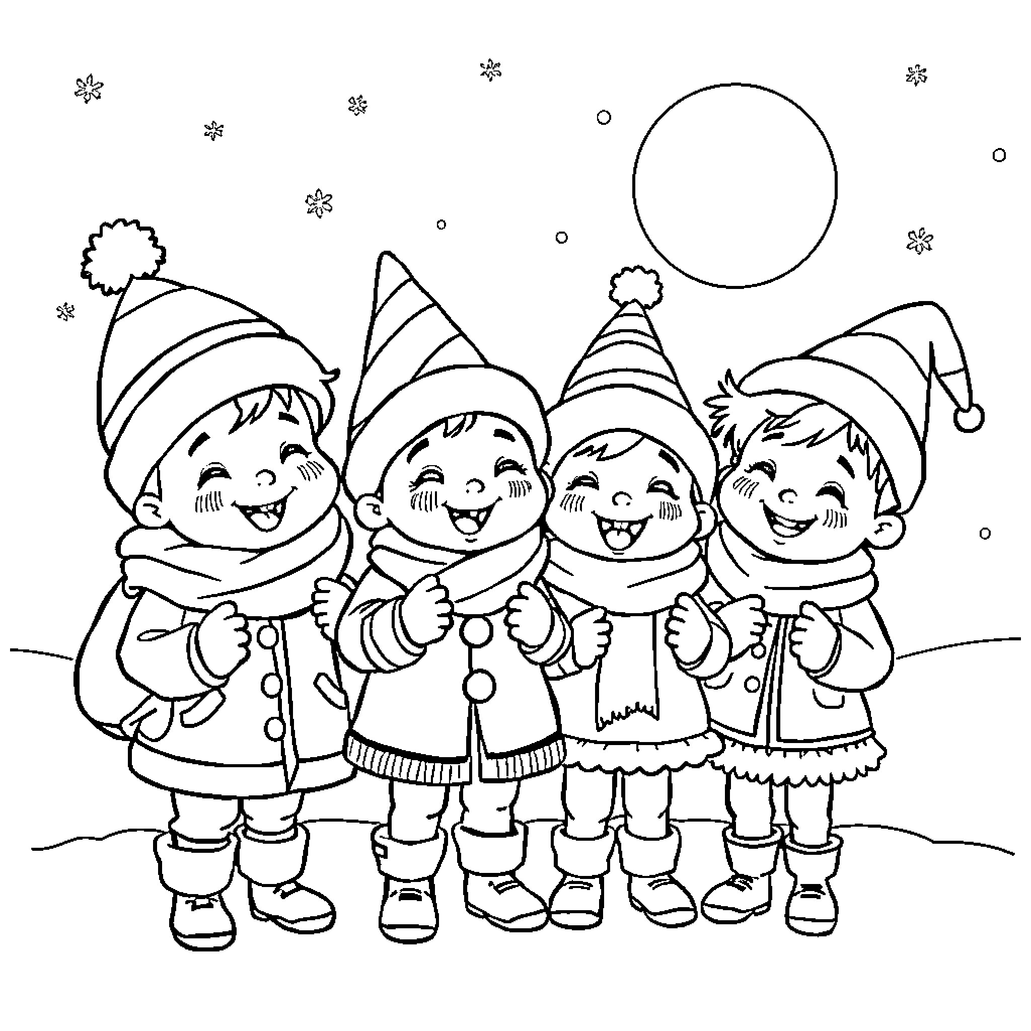 Preschool Christmas scene with happy children in winter outfits Coloring Page (free black-and-white line drawing printable PDF for all, from beginners to advanced learners, including children, teens, adults, and seniors)