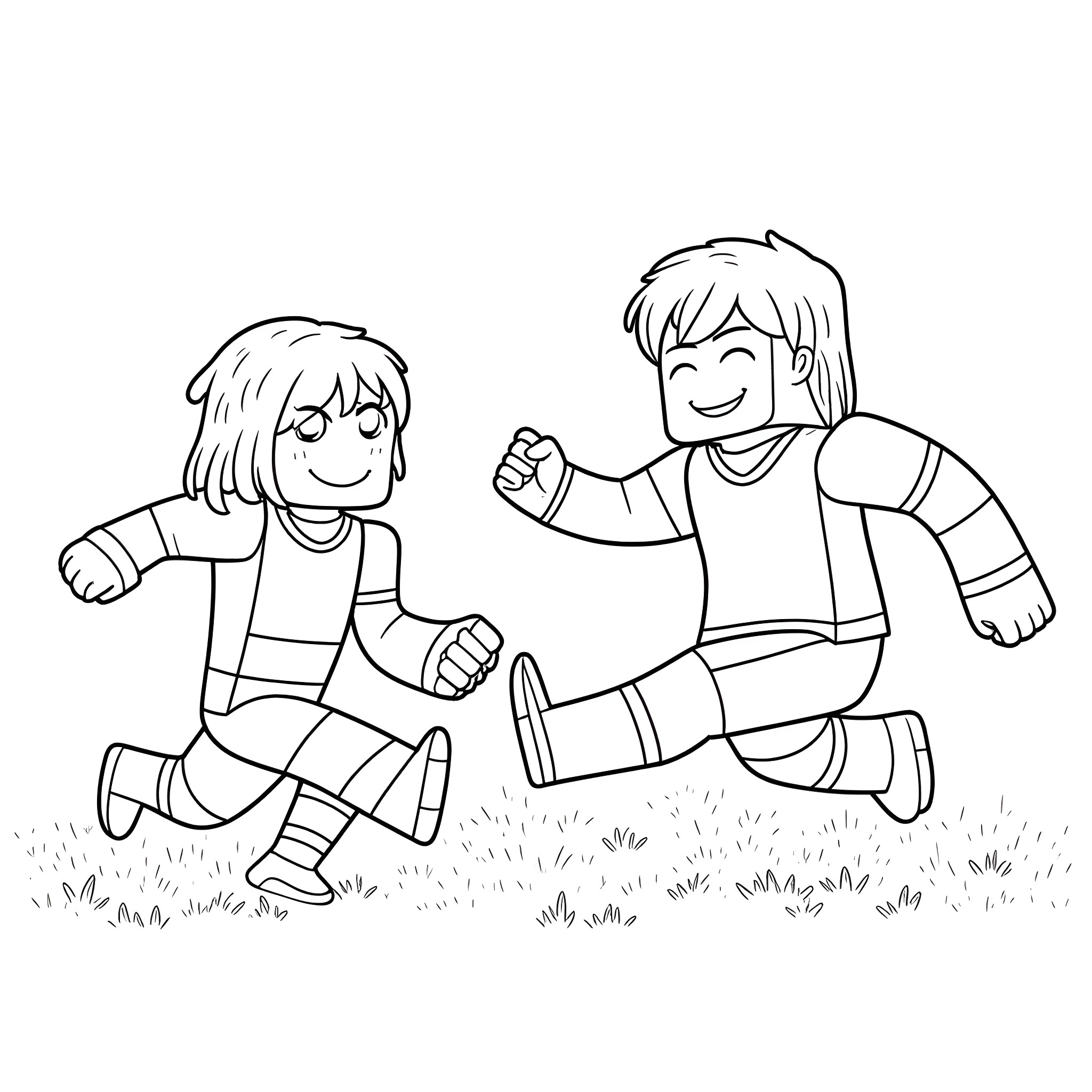 Minecraft characters joyfully playing outdoors Coloring Page (free black-and-white line drawing printable PDF for all, from beginners to advanced learners, including children, teens, adults, and seniors)