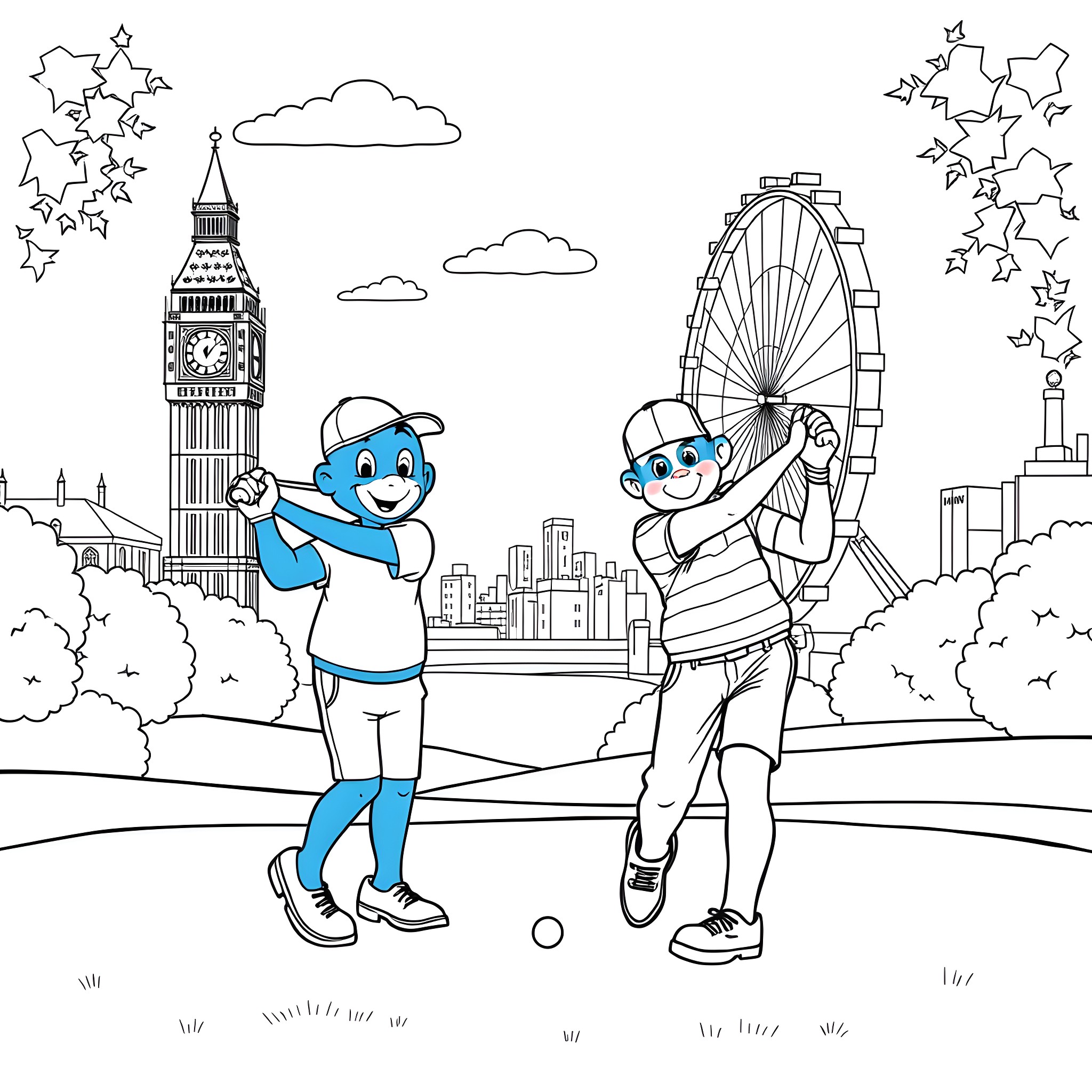 Bluey and Friends Explore London Landmarks Coloring Page (free black-and-white line drawing printable PDF for all, from beginners to advanced learners, including children, teens, adults, and seniors)
