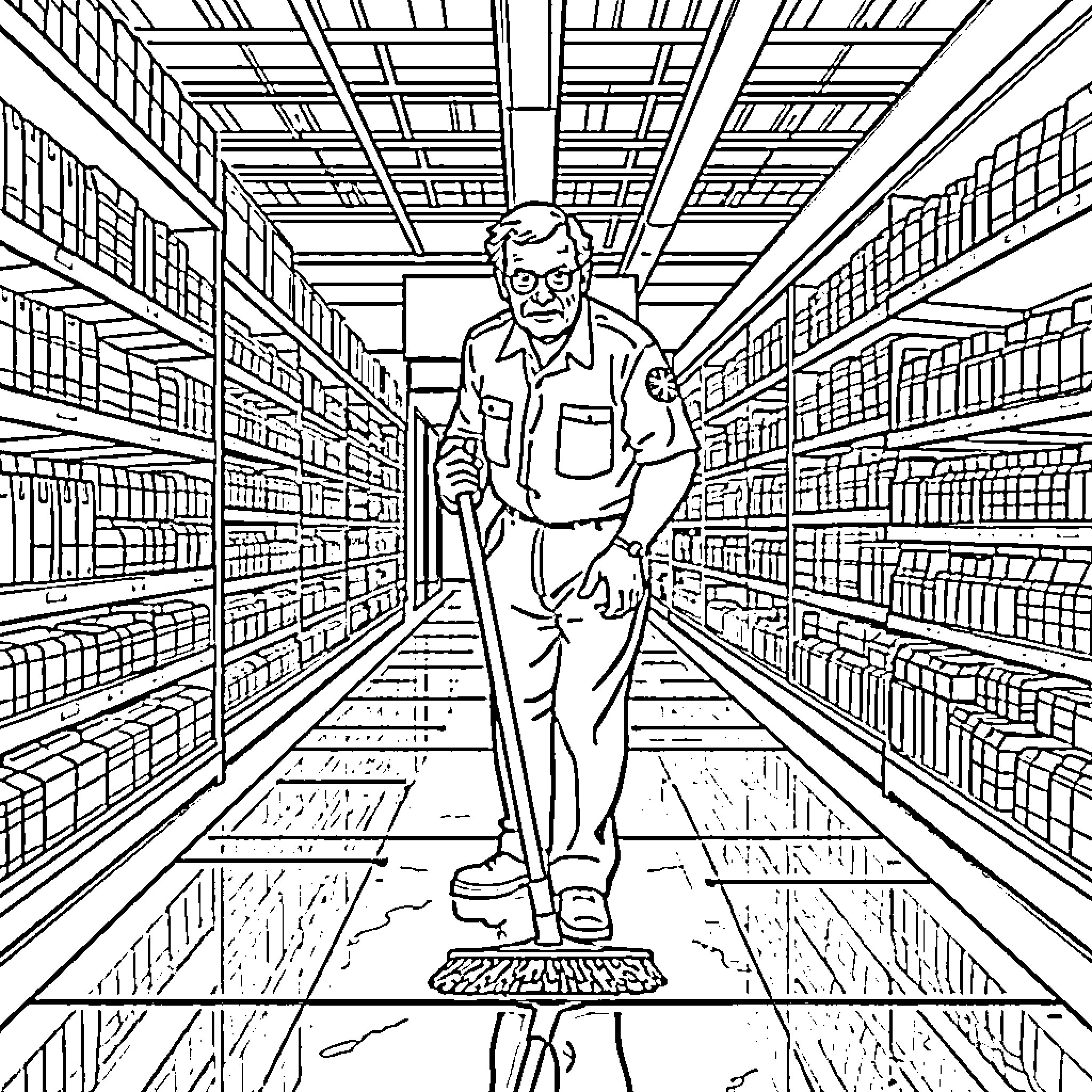 Sam Walton exploring the aisles of a busy retail store Coloring Page (free black-and-white line drawing printable PDF for all, from beginners to advanced learners, including children, teens, adults, and seniors)