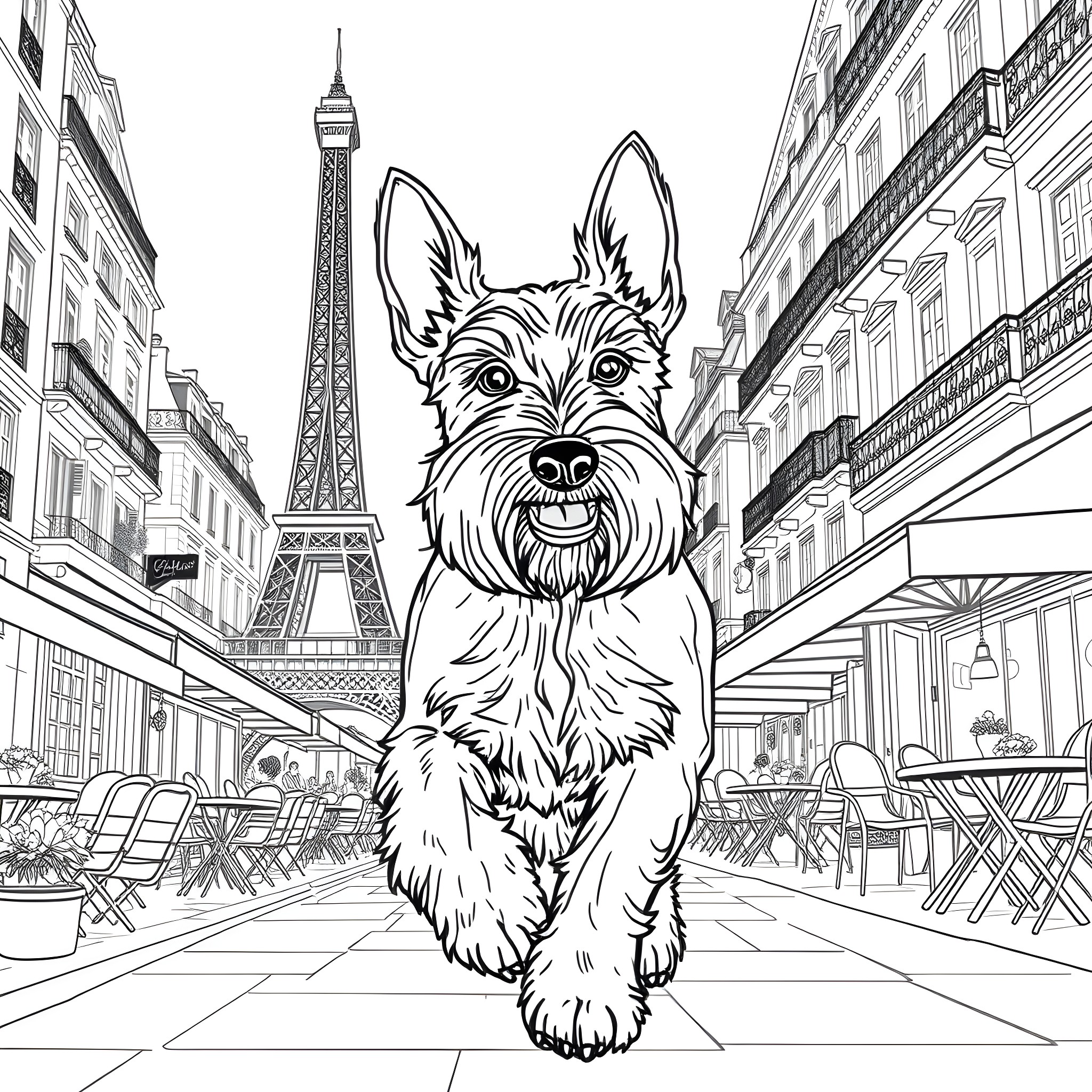 Schnauzer posing in front of the Eiffel Tower Coloring Page (free black-and-white line drawing printable PDF for all, from beginners to advanced learners, including children, teens, adults, and seniors)