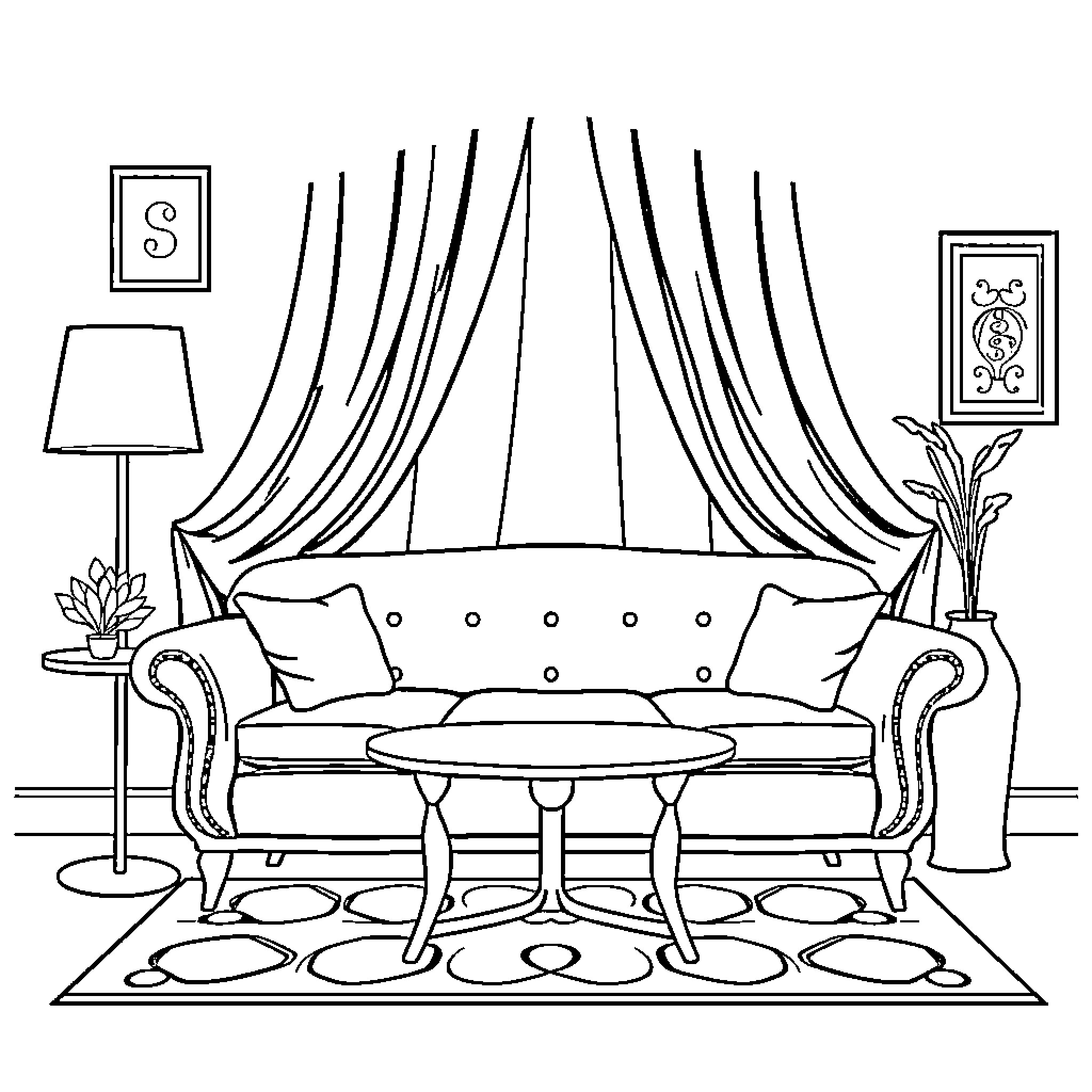 Comedor of Elegant Living Room Interior Coloring Page (free black-and-white line drawing printable PDF for all, from beginners to advanced learners, including children, teens, adults, and seniors)