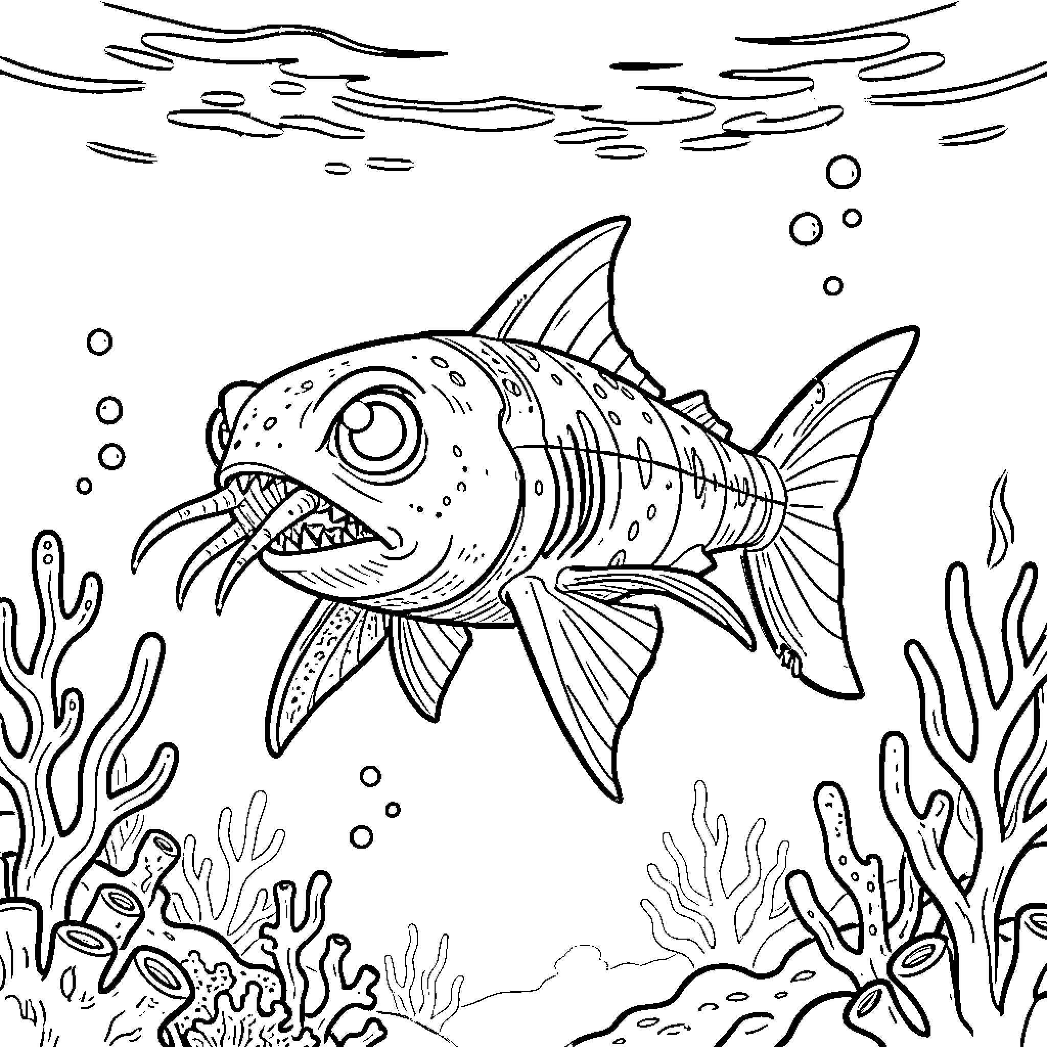 Squidshark exploring the underwater world Coloring Page (free black-and-white line drawing printable PDF for all, from beginners to advanced learners, including children, teens, adults, and seniors)