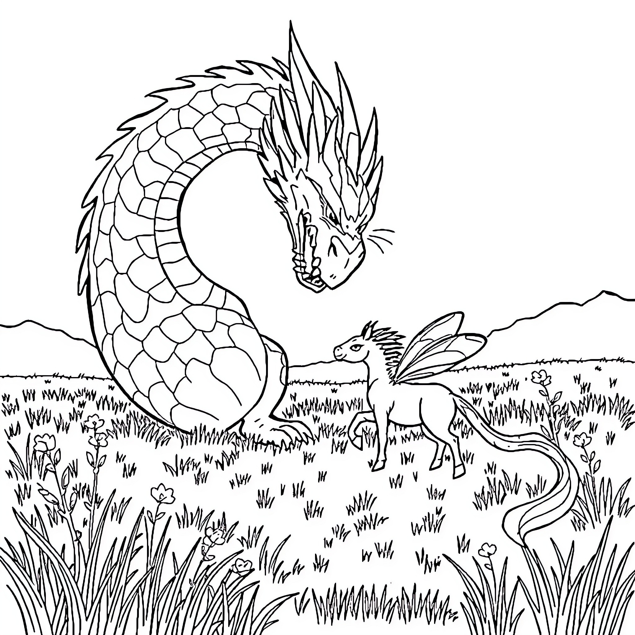 Dragon protecting its forest home from tiny intruder Coloring Page (free black-and-white line drawing printable PDF for all, from beginners to advanced learners, including children, teens, adults, and seniors)
