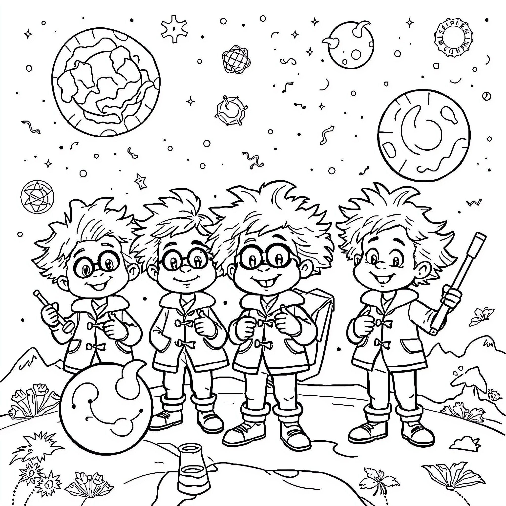Einstein's Curious Explorers in the Cosmic Playground Coloring Page (free black-and-white line drawing printable PDF for all, from beginners to advanced learners, including children, teens, adults, and seniors)