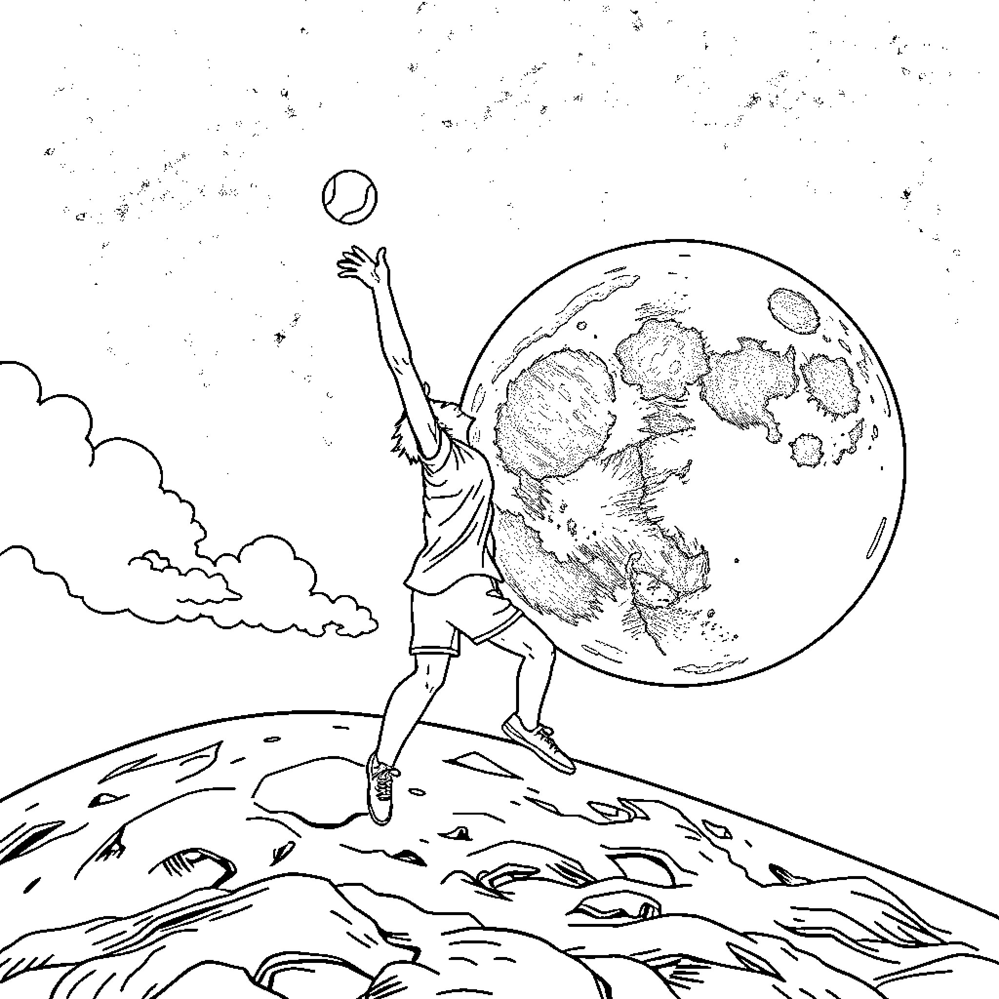 Tennis Player Serving in Cosmic Landscape Coloring Page (free black-and-white line drawing printable PDF for all, from beginners to advanced learners, including children, teens, adults, and seniors)