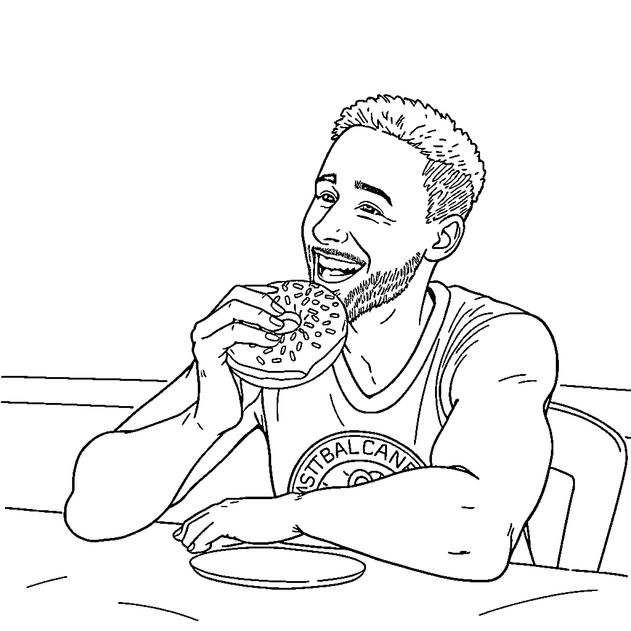 Stephen Curry enjoying a burger and fries Coloring Page (free black-and-white line drawing printable PDF for all, from beginners to advanced learners, including children, teens, adults, and seniors)