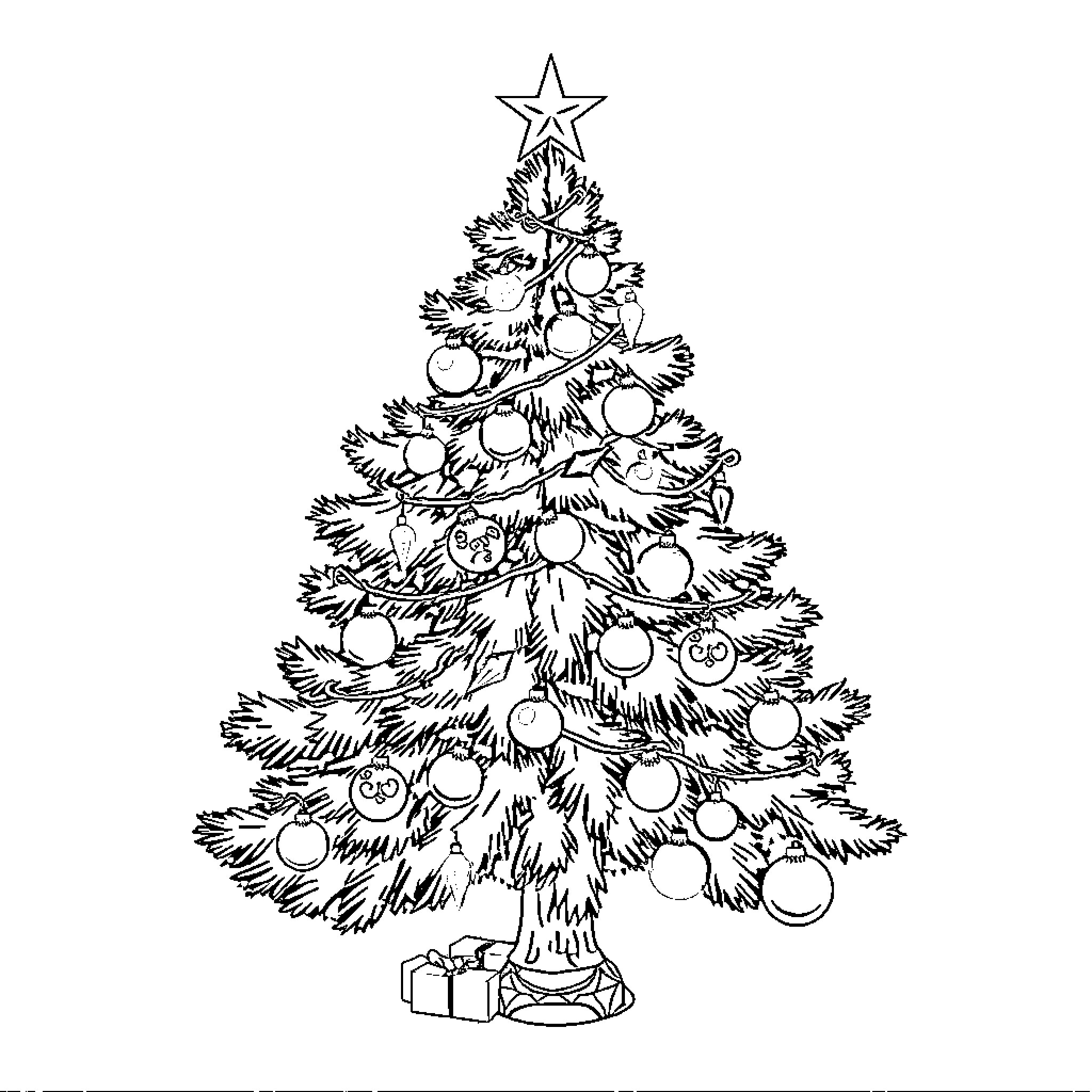 Christmas Tree with Ornaments and Gifts Coloring Page (free black-and-white line drawing printable PDF for all, from beginners to advanced learners, including children, teens, adults, and seniors)