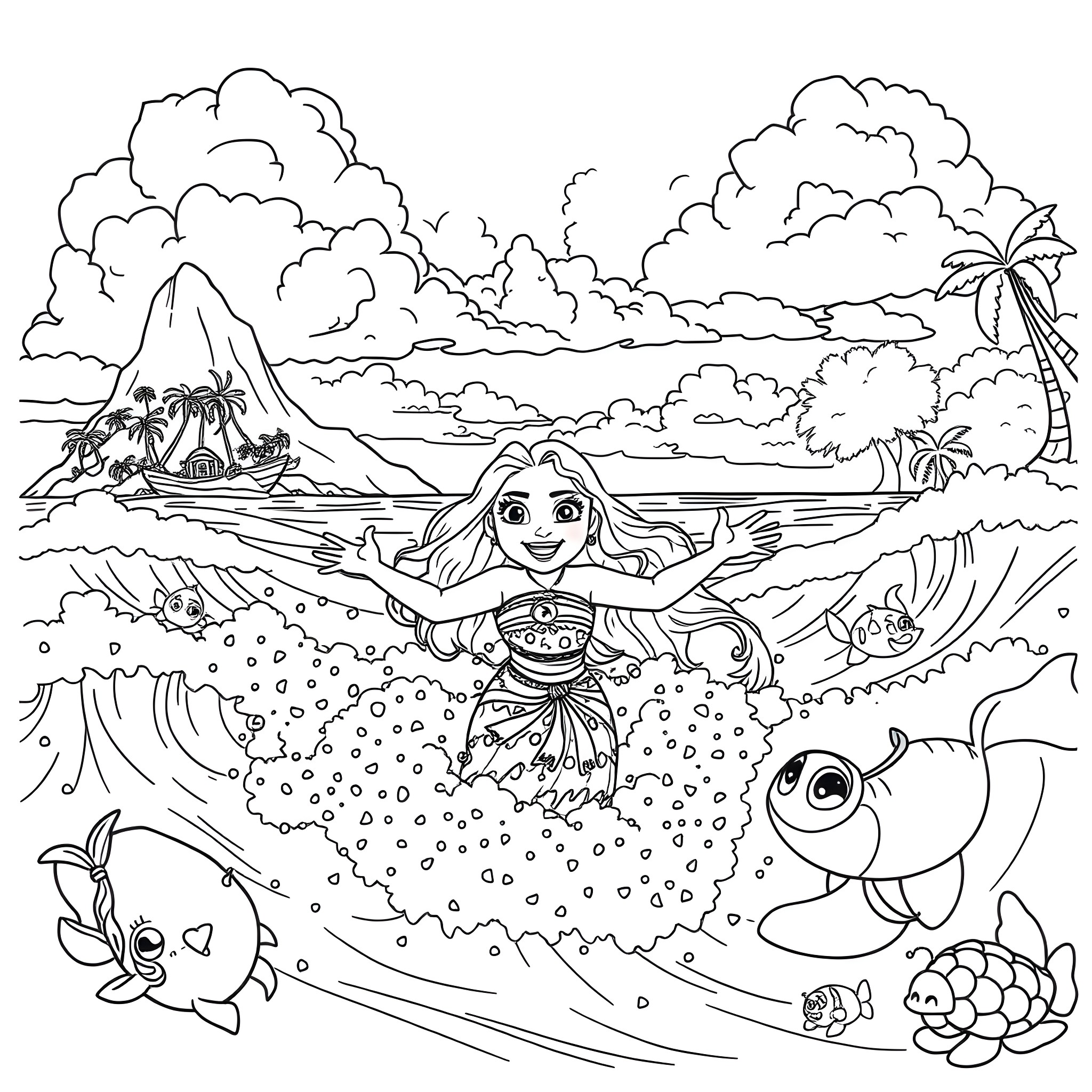 Moana enjoying a tropical island adventure Coloring Page (free black-and-white line drawing printable PDF for all, from beginners to advanced learners, including children, teens, adults, and seniors)