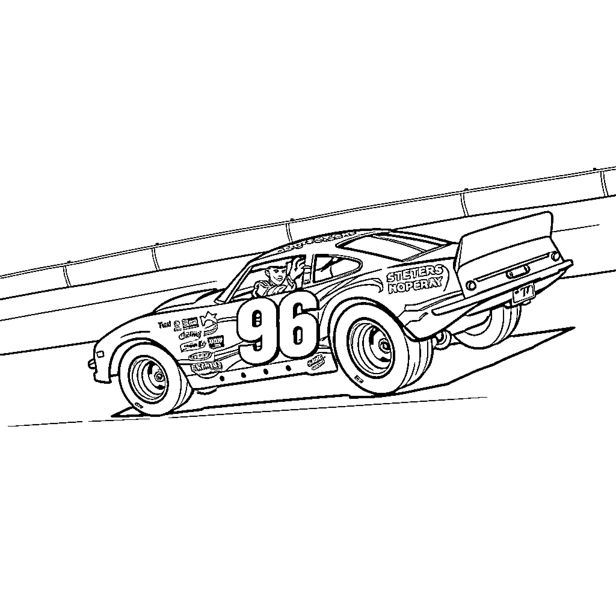 Stock Car Racing on the Track Coloring Page (free black-and-white line drawing printable PDF for all, from beginners to advanced learners, including children, teens, adults, and seniors)