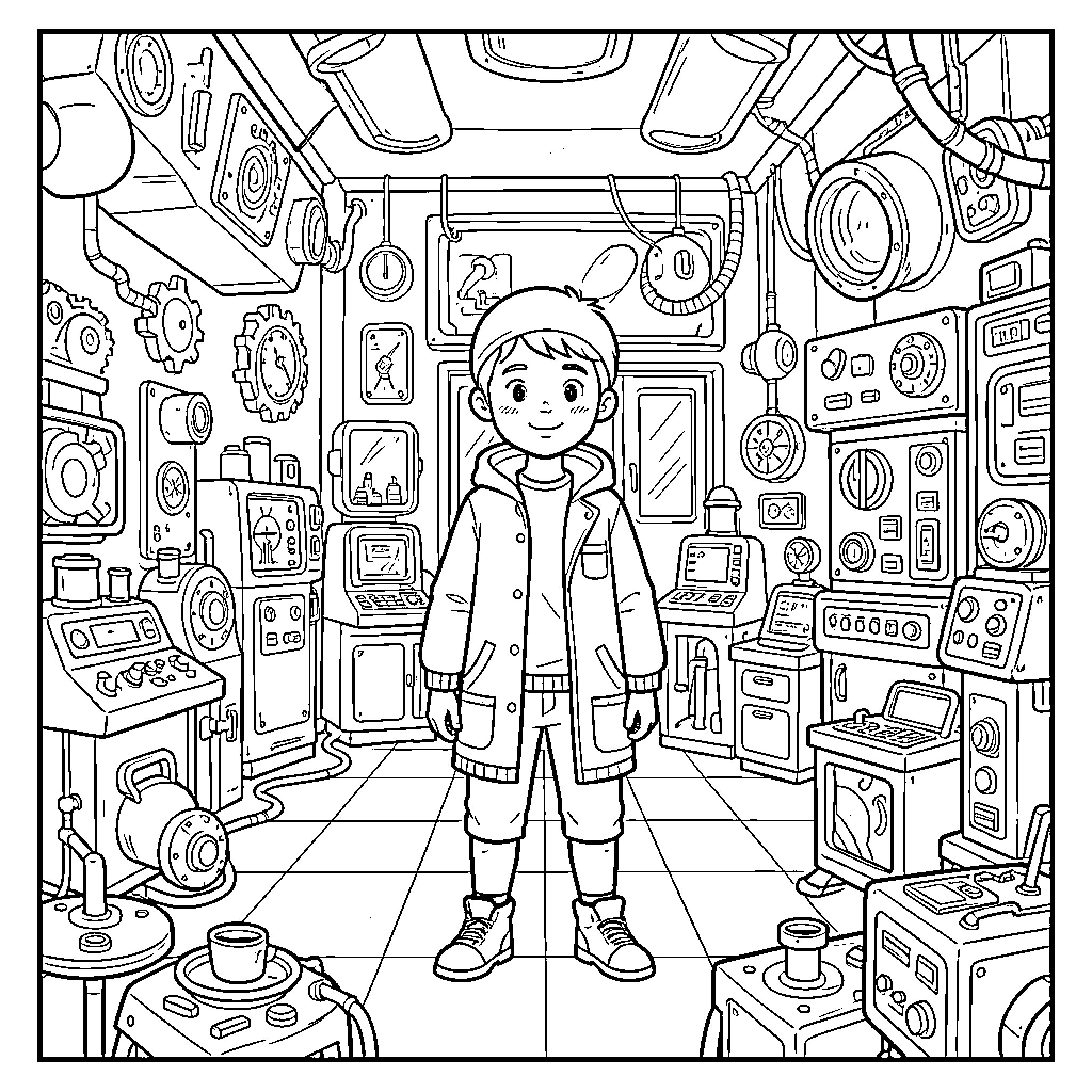 Lap boy standing amidst complex futuristic laboratory machines Coloring Page (free black-and-white line drawing printable PDF for all, from beginners to advanced learners, including children, teens, adults, and seniors)