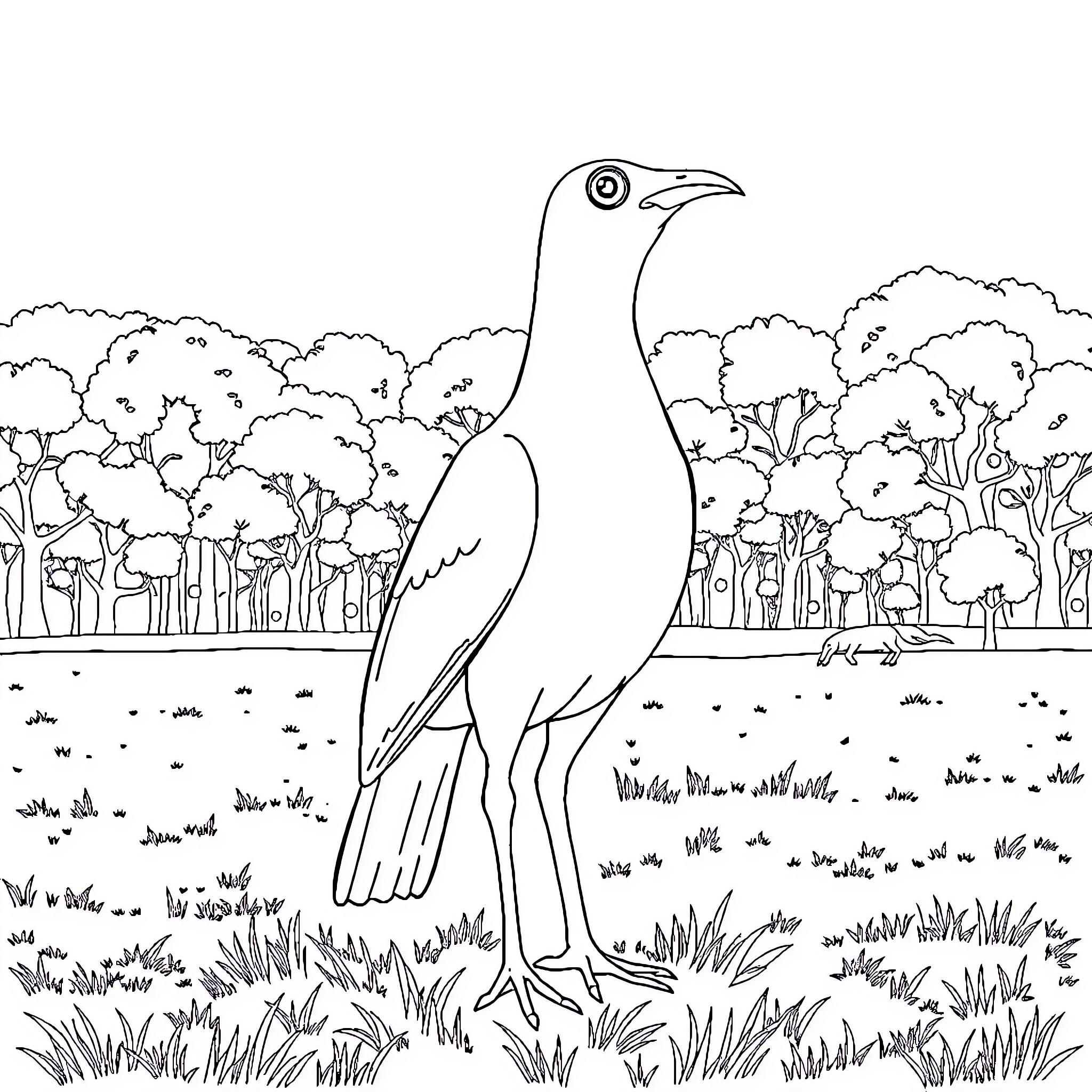 Guinea Turaco exploring a lush forest landscape Coloring Page (free black-and-white line drawing printable PDF for all, from beginners to advanced learners, including children, teens, adults, and seniors)