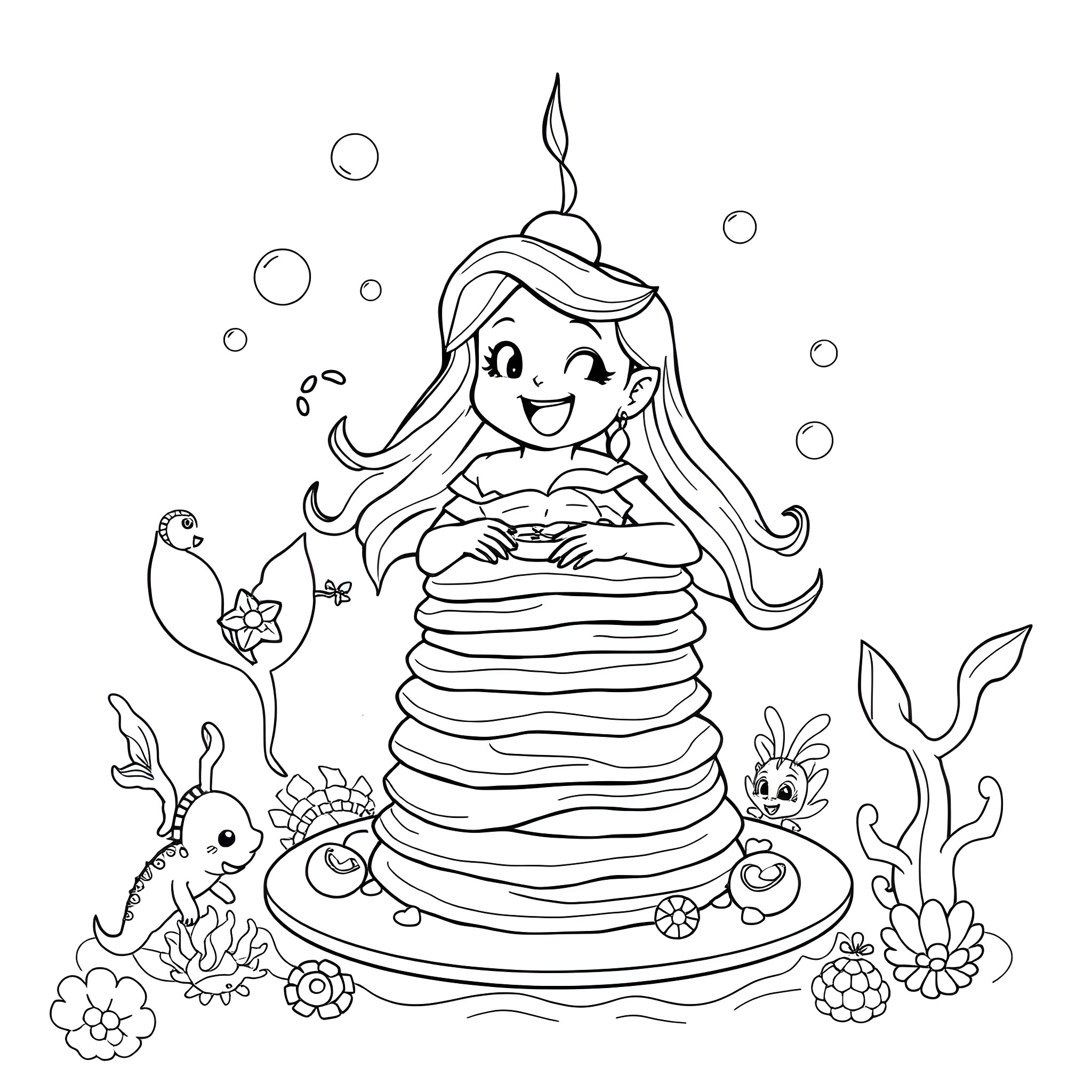 Mermaid sitting on a stack of pancakes surrounded by sea creatures Coloring Page (free black-and-white line drawing printable PDF for all, from beginners to advanced learners, including children, teens, adults, and seniors)