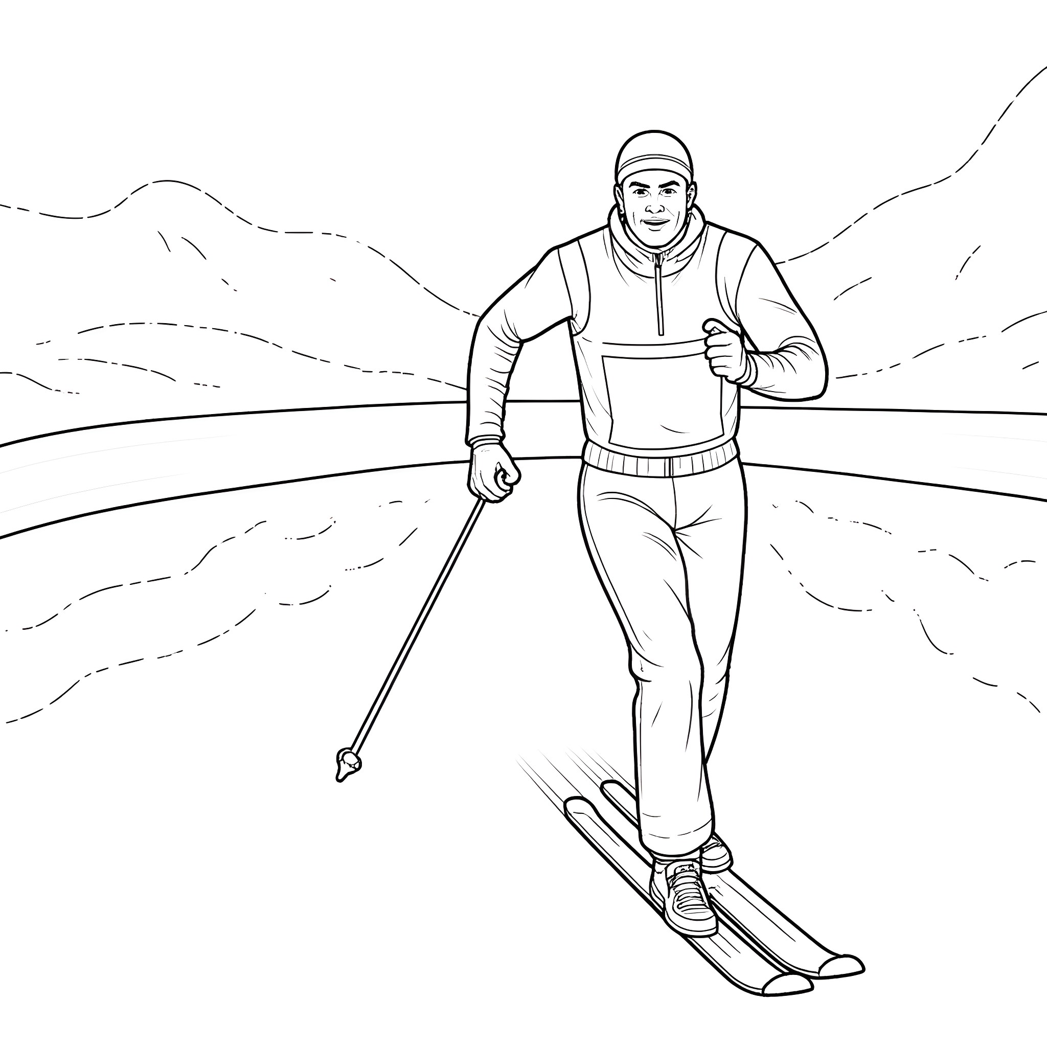 Ernie St. Germaine skiing down the mountain Coloring Page (free black-and-white line drawing printable PDF for all, from beginners to advanced learners, including children, teens, adults, and seniors)