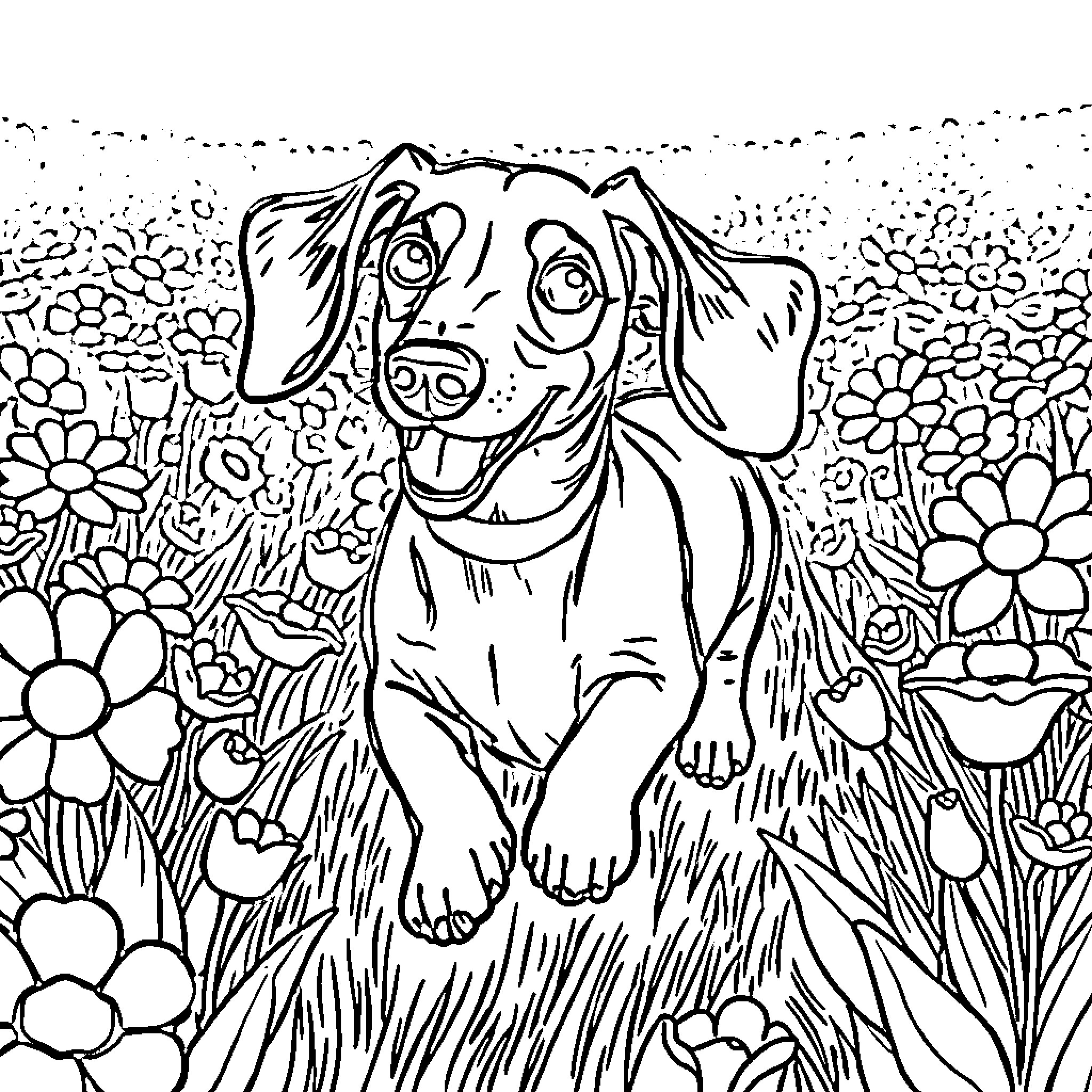Dachshund exploring a floral garden Coloring Page (free black-and-white line drawing printable PDF for all, from beginners to advanced learners, including children, teens, adults, and seniors)