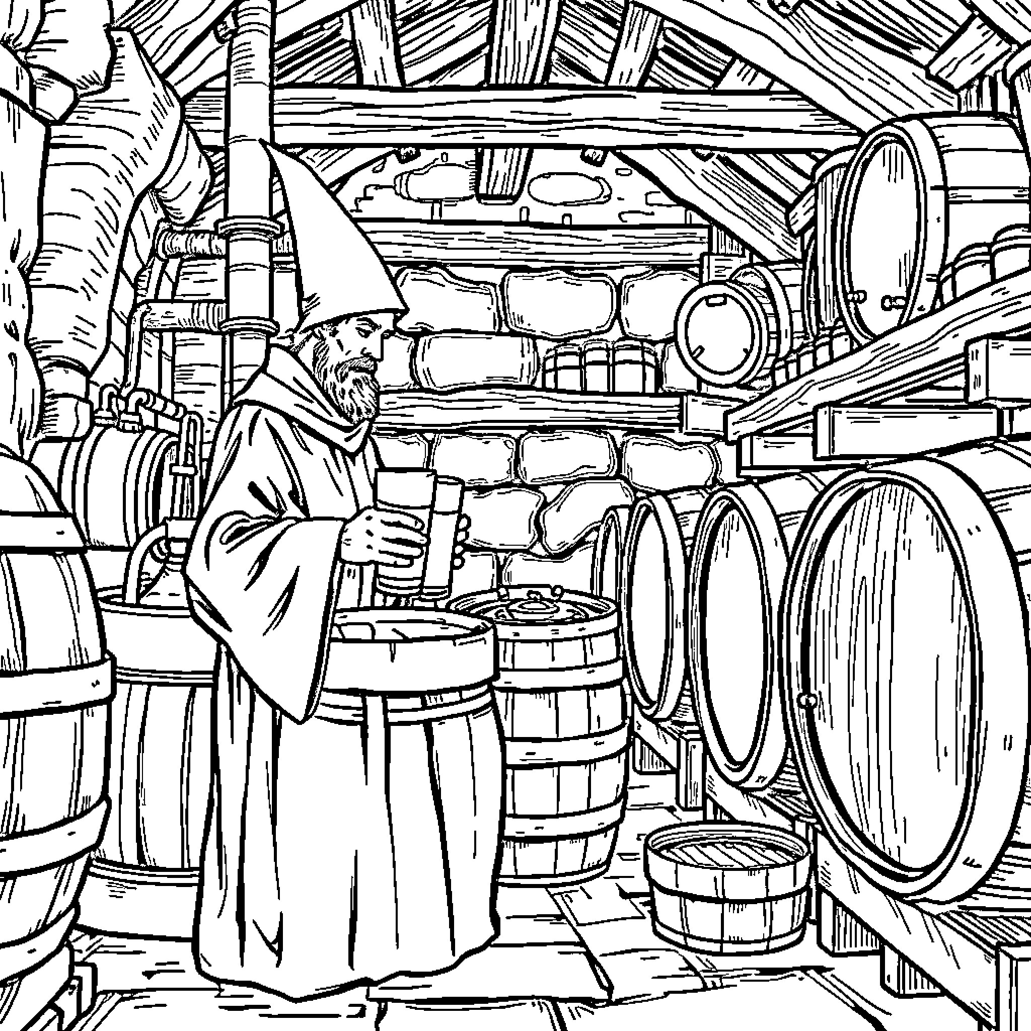 Monk Examining Barrels in Cellar Coloring Page (free black-and-white line drawing printable PDF for all, from beginners to advanced learners, including children, teens, adults, and seniors)