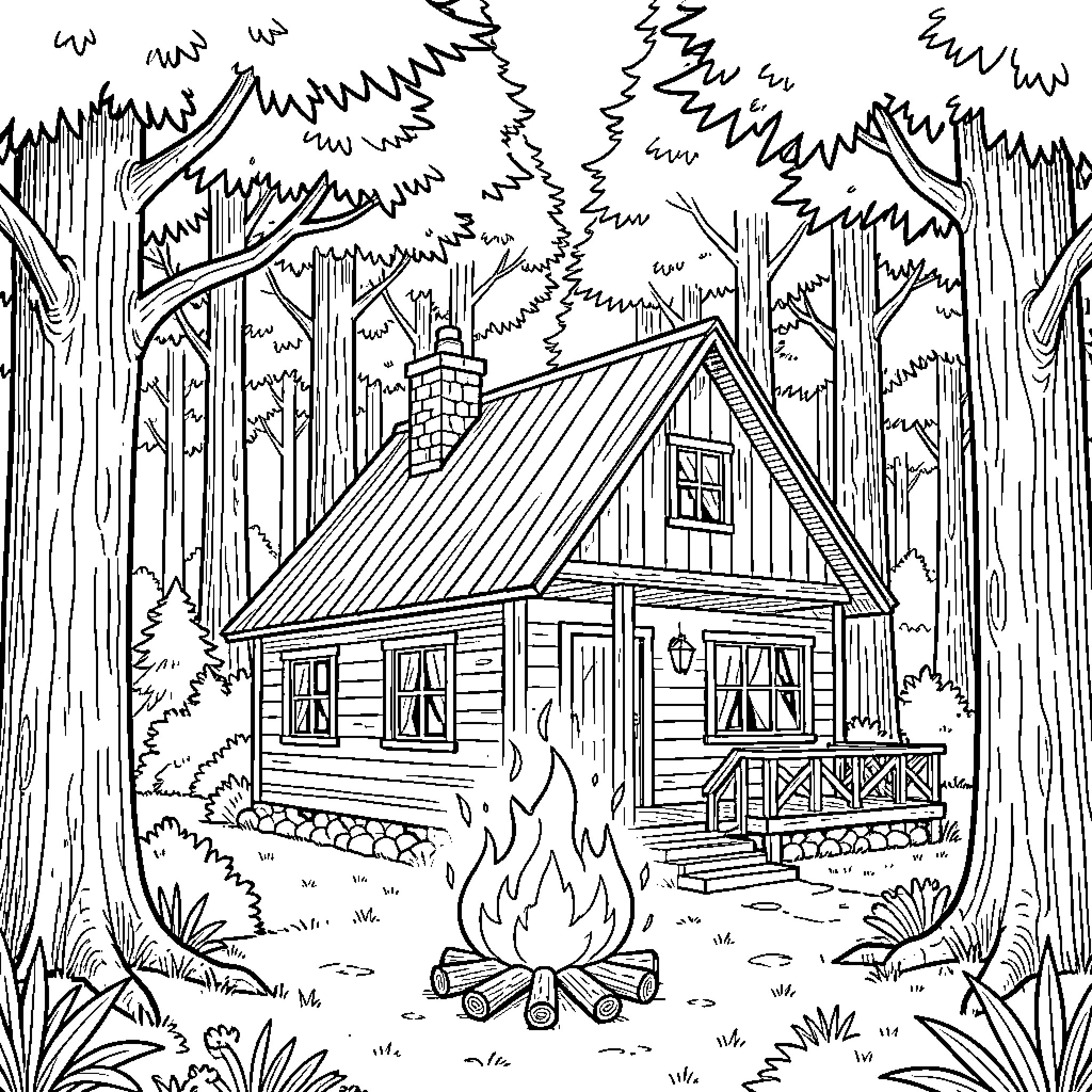 Cabana in the Woodland Scene with Campfire Coloring Page (free black-and-white line drawing printable PDF for all, from beginners to advanced learners, including children, teens, adults, and seniors)