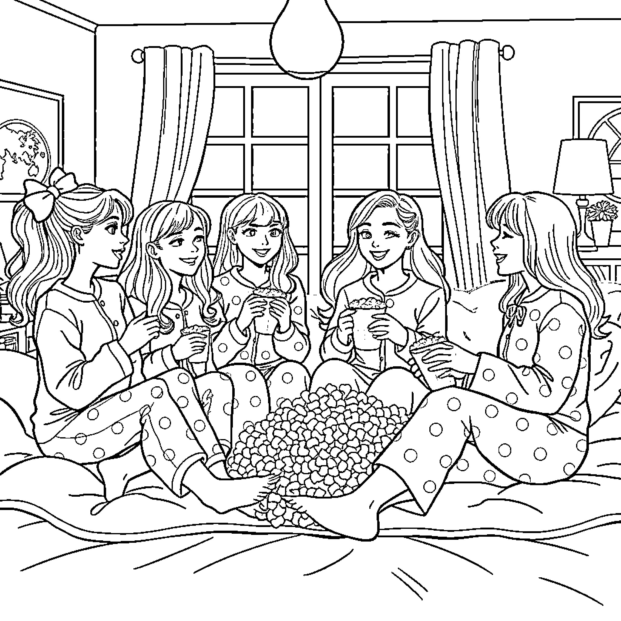 Girls having a cozy slumber party Coloring Page (free black-and-white line drawing printable PDF for all, from beginners to advanced learners, including children, teens, adults, and seniors)