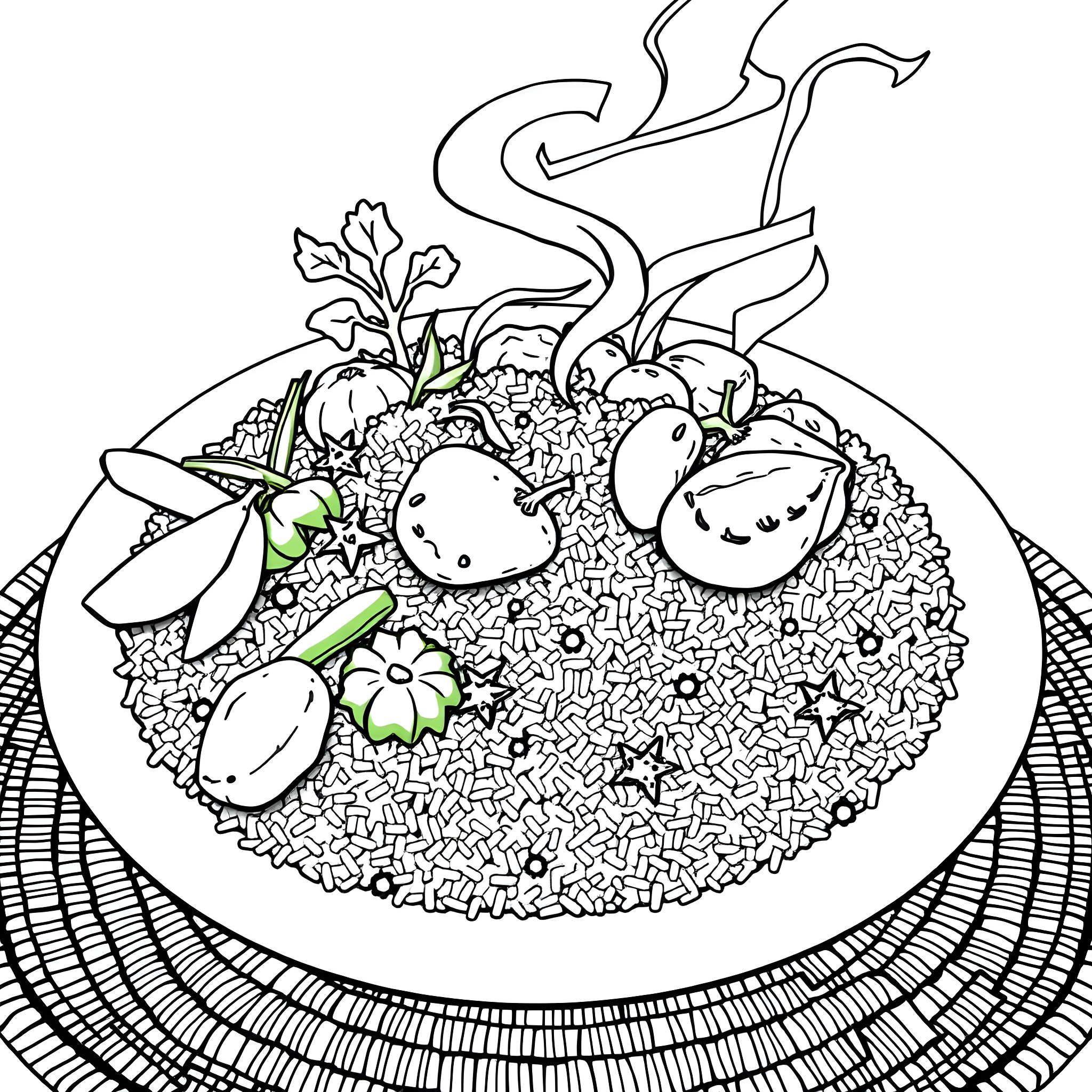Jollof Rice with Vibrant Ingredients Coloring Page (free black-and-white line drawing printable PDF for all, from beginners to advanced learners, including children, teens, adults, and seniors)