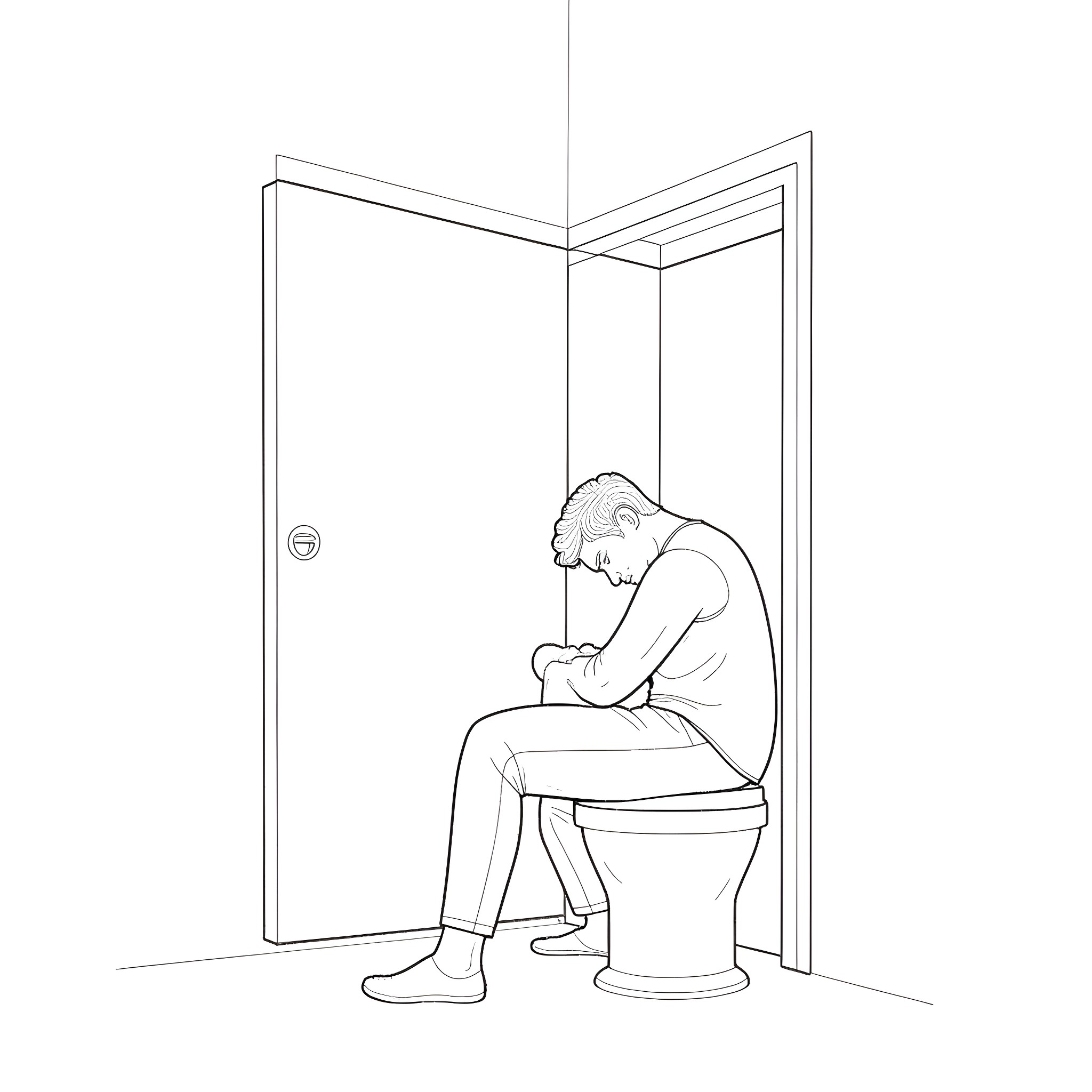 Thinker sitting alone in the restroom Coloring Page (free black-and-white line drawing printable PDF for all, from beginners to advanced learners, including children, teens, adults, and seniors)