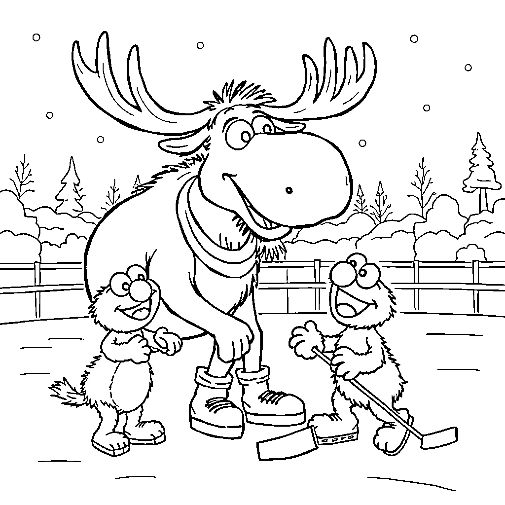 Moose playing with cute furry friends in the snowy woods Coloring Page (free black-and-white line drawing printable PDF for all, from beginners to advanced learners, including children, teens, adults, and seniors)