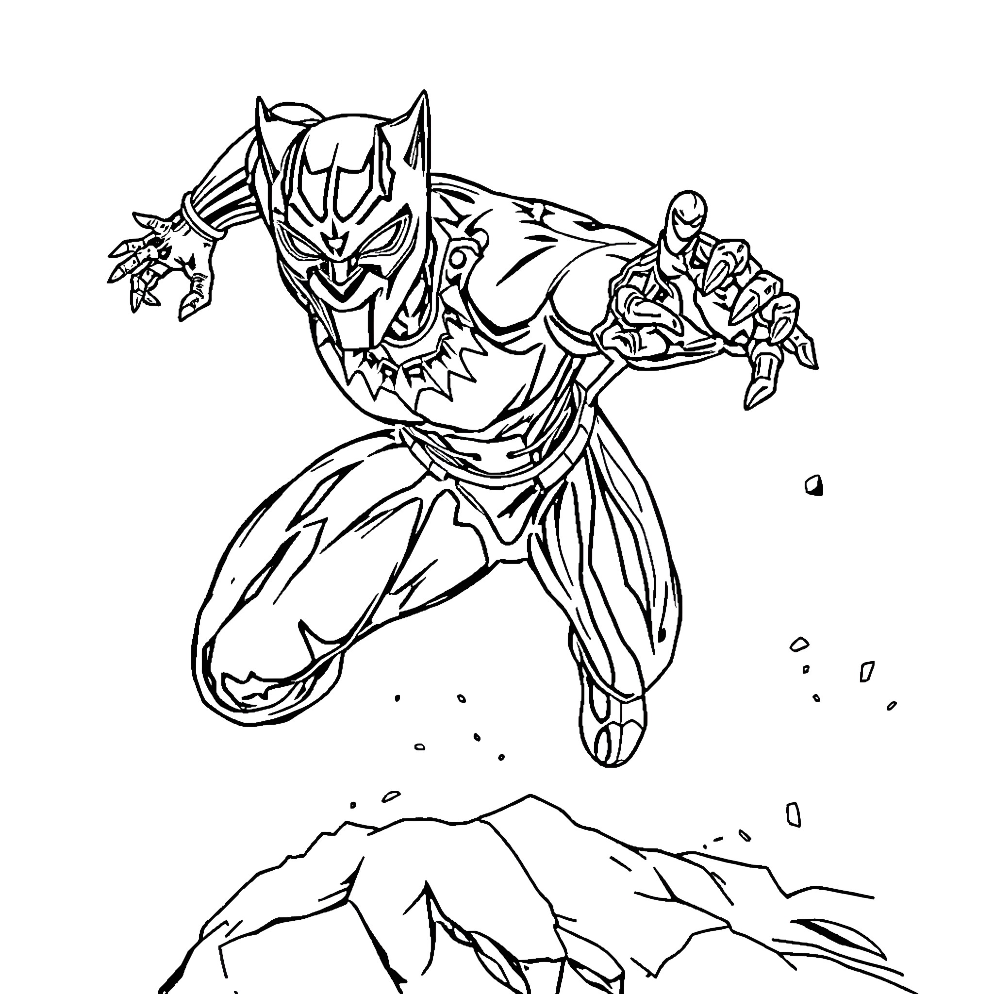 Panther-like Superhero Leaping into Action Coloring Page (free black-and-white line drawing printable PDF for all, from beginners to advanced learners, including children, teens, adults, and seniors)