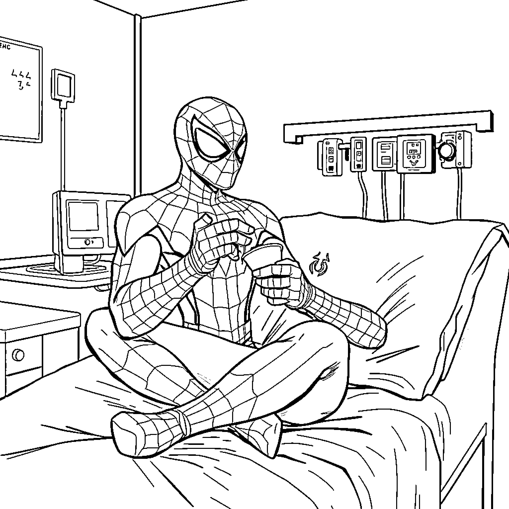 Spider-Man Relaxing in a Bedroom Coloring Page (free black-and-white line drawing printable PDF for all, from beginners to advanced learners, including children, teens, adults, and seniors)