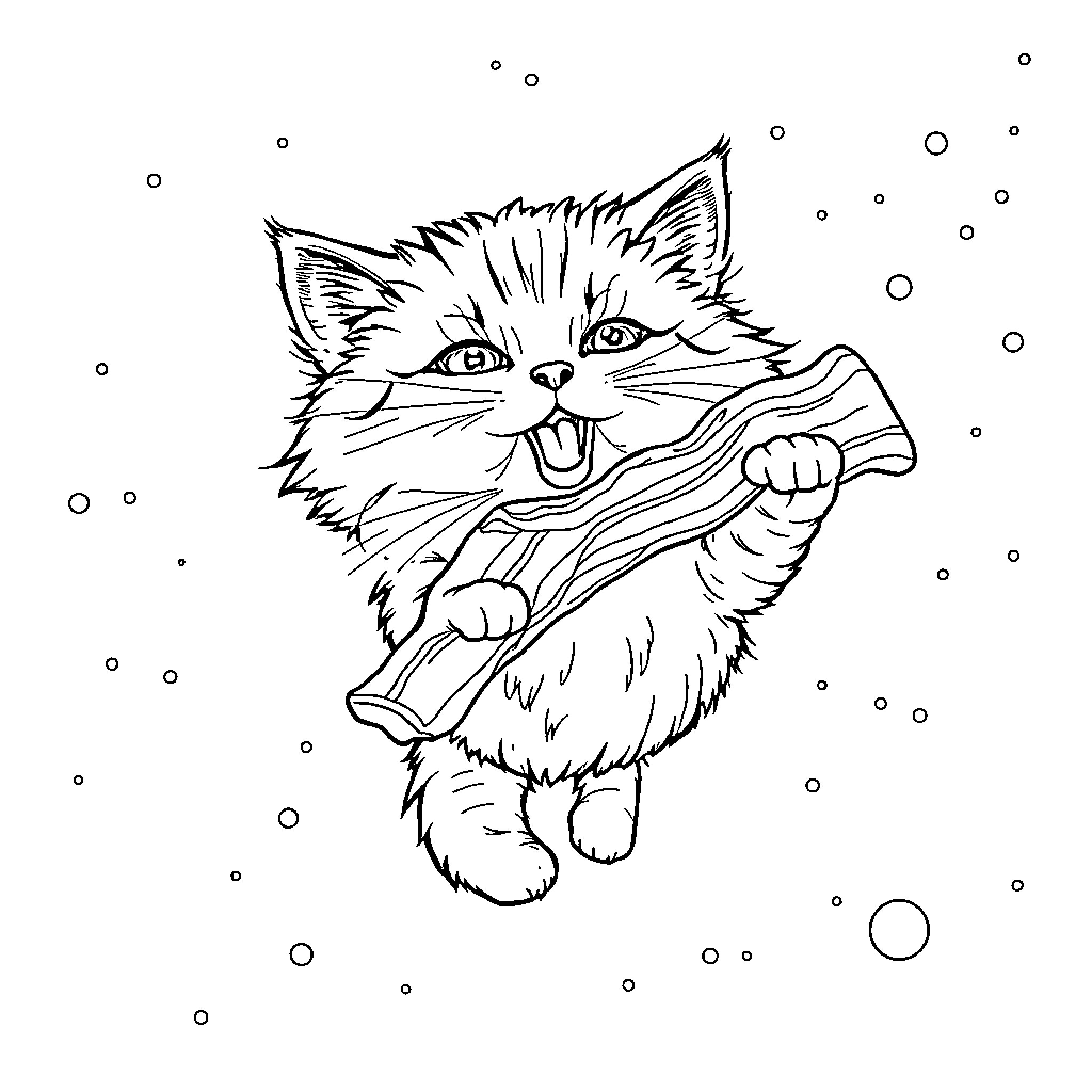 Cat chewing on a stick playfully Coloring Page (free black-and-white line drawing printable PDF for all, from beginners to advanced learners, including children, teens, adults, and seniors)