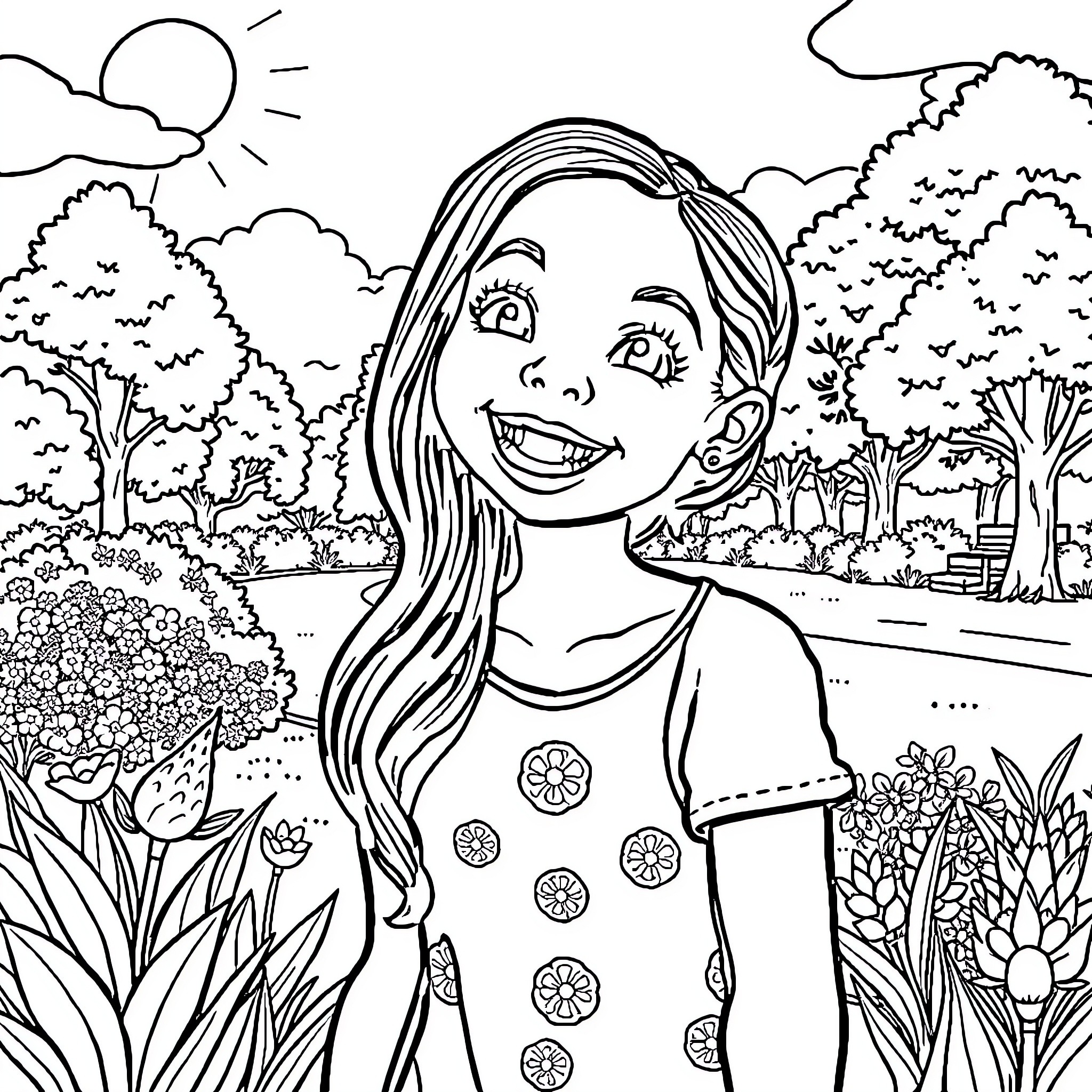 Sanah enjoying a sunny day in the park Coloring Page (free black-and-white line drawing printable PDF for all, from beginners to advanced learners, including children, teens, adults, and seniors)