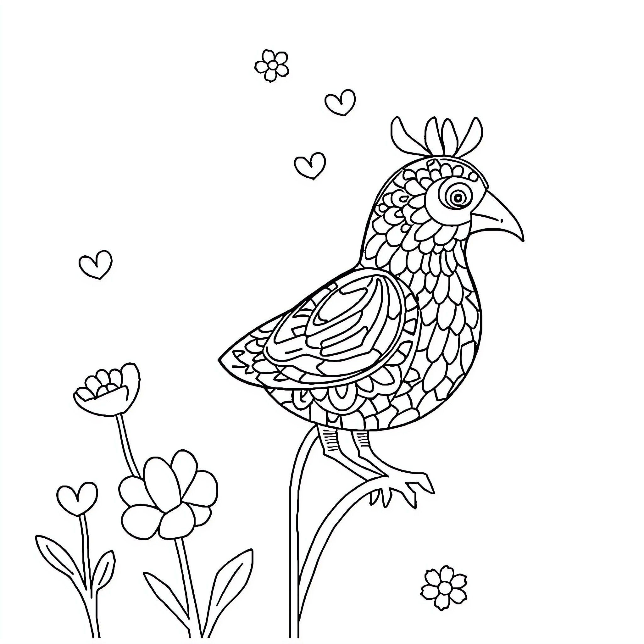 Book of Whimsical Bird Amongst Flowers Coloring Page (free black-and-white line drawing printable PDF for all, from beginners to advanced learners, including children, teens, adults, and seniors)