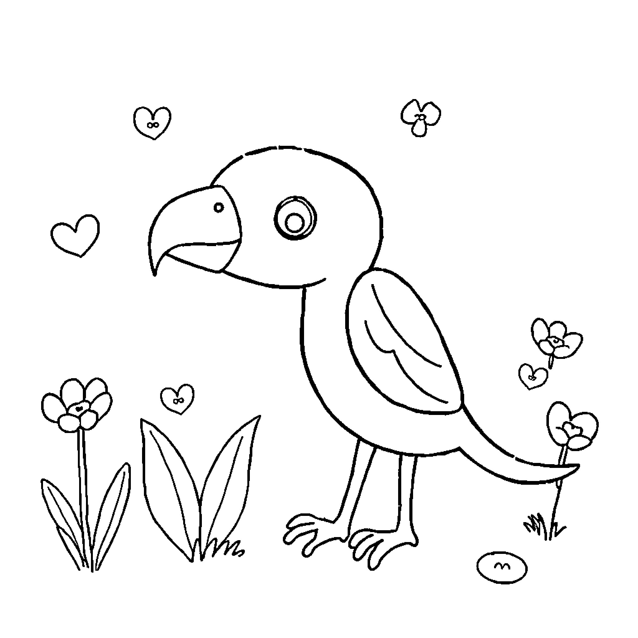 Children's Drawing of a Bird in a Flower Garden Coloring Page (free black-and-white line drawing printable PDF for all, from beginners to advanced learners, including children, teens, adults, and seniors)