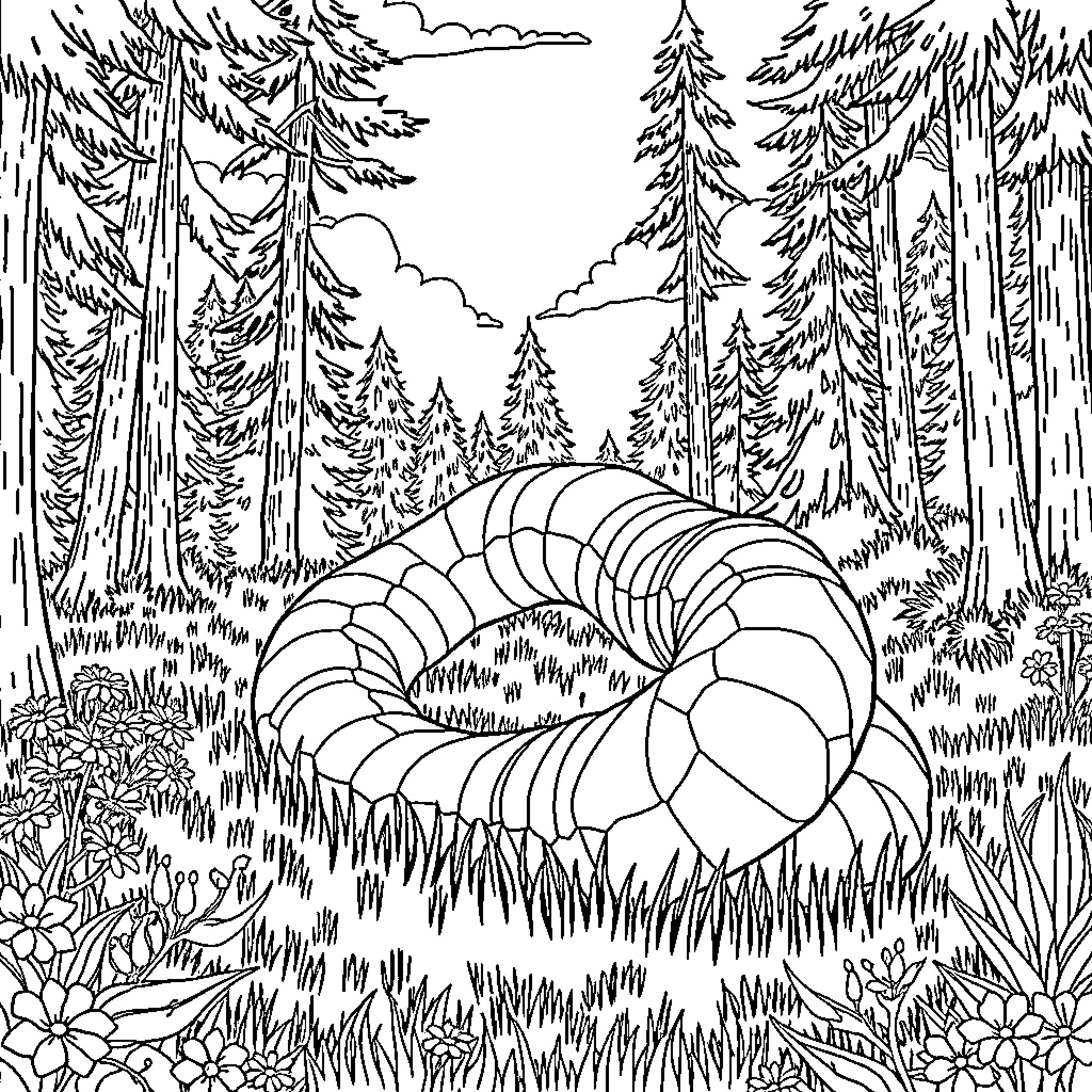 Worm Monster in the Mysterious Forest Coloring Page (free black-and-white line drawing printable PDF for all, from beginners to advanced learners, including children, teens, adults, and seniors)