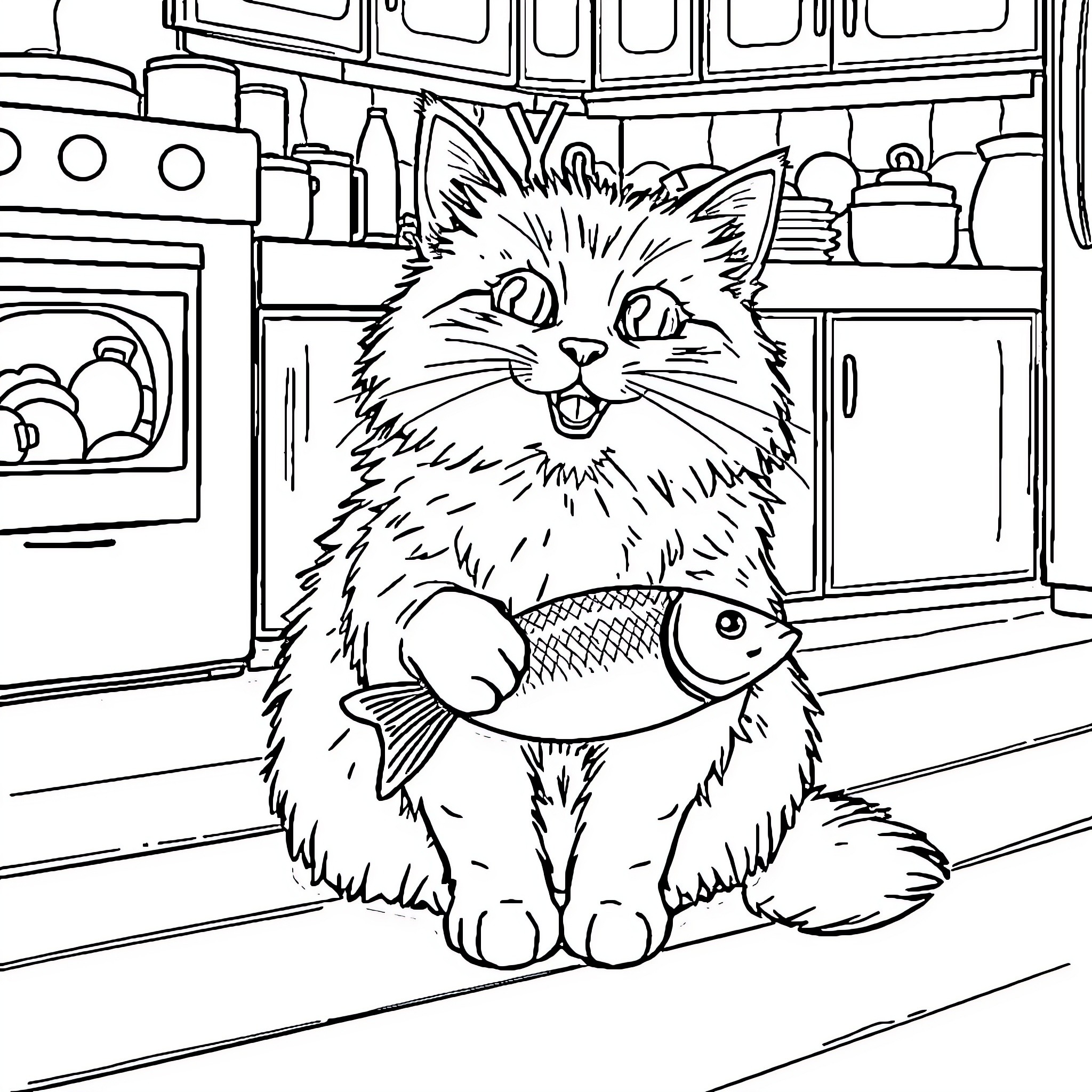 Cat playing with fish in the kitchen Coloring Page (free black-and-white line drawing printable PDF for all, from beginners to advanced learners, including children, teens, adults, and seniors)