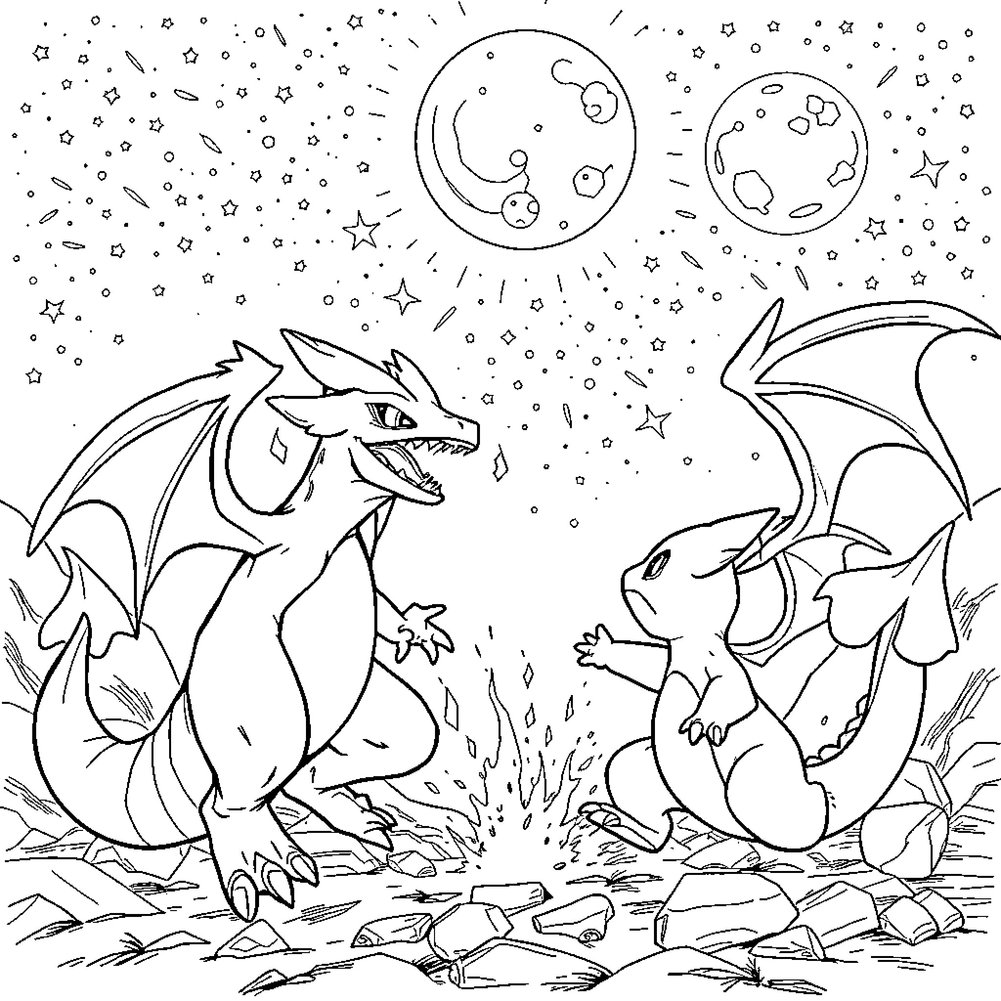 Gargoyles battling under the starry night sky Coloring Page (free black-and-white line drawing printable PDF for all, from beginners to advanced learners, including children, teens, adults, and seniors)